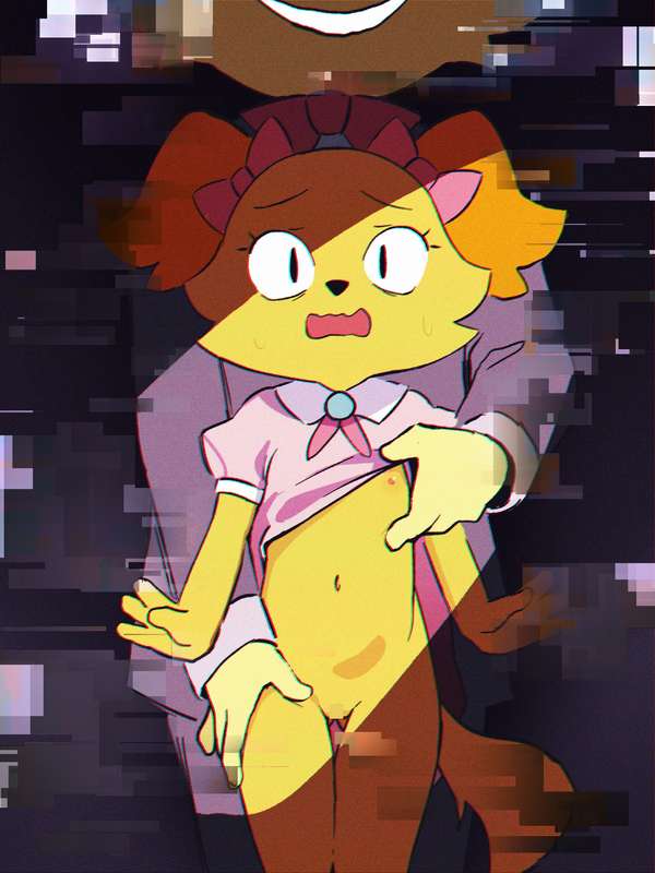 1boy, 1girls, anthro, anthro female, anthro male, anthro on anthro, anthro only, belly button, bird dog, bow ribbon, bowtie, canid, canine, canis, cat, cat boy, cub, cub on cub, dog, dog girl, dog tail, domestic cat, domestic dog, eliot (giggleland), ella (giggleland), elliot (giggleland), exposed body, eyebrows, eyelashes, felid, feline, felis, female, female cub, flat chest, floppy ears, fur, furry, furry female, furry male, furry only, giggleland, glitching, hand on thigh, larger male, lifting dress, male, male cub, male/female, mascot horror, nipples, no panties, open mouth, orange body, orange fur, pink dress, purple suit, ribbon, ribbons, scared, scared expression, scared face, shocked, shocked expression, shocked eyes, shocked face, size difference, small breasts, smaller female, smile, smiley face, yellow body, yellow fur, young, young anthro, young female, young male, younger female, younger male