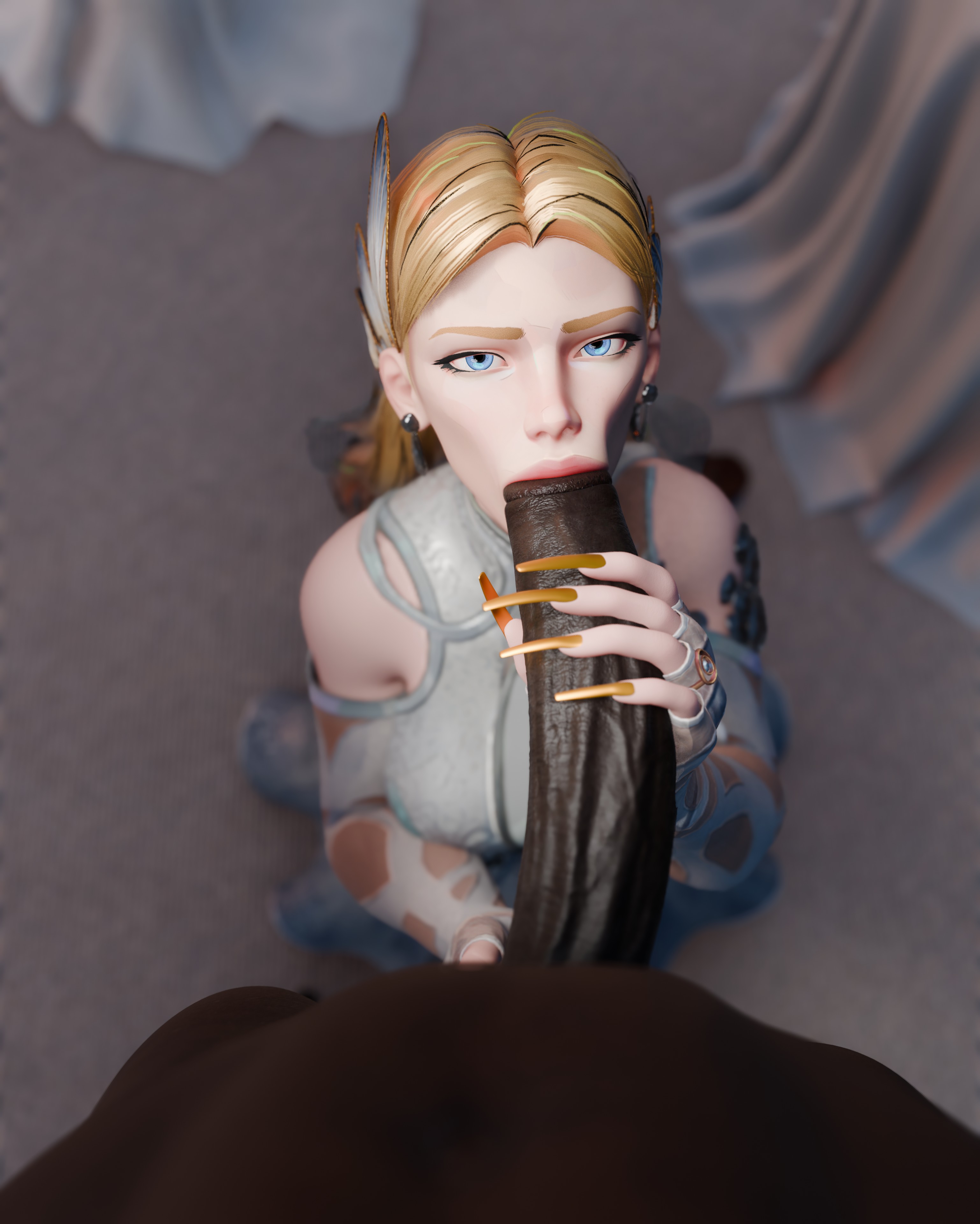 1boy, 1girls, 3d, big penis, blonde female, blonde hair, blowjob, blue eyes, cheating, cheating wife, clothed female nude male, cuckold, dark skin, dark-skinned male, fantastic four, hand on penis, hung, interracial, invisible woman, invisible woman (marvel rivals), invisible woman (the life fantastic), kissing penis, large penis, light-skinned female, lips, long fingernails, looking at viewer, male, marvel, marvel comics, marvel rivals, netorare, notgood3d, ntr, nude male, ring, sue storm, wedding, wedding dress, wedding ring