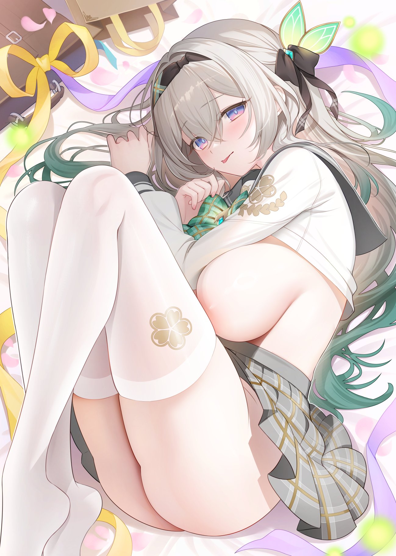 1girls, areola slip, ass, black hairband, bow, bowtie, breasts, clothes lift, colored tips, commentary, female, fetal position, firefly (honkai: star rail), firefly (spring missive) (honkai: star rail), grey hair, grey sailor collar, grey skirt, hairband, highres, honkai (series), honkai: star rail, large breasts, long hair, looking at viewer, miko (royal milk), multicolored hair, no bra, no panties, official alternate costume, plaid bow, plaid bowtie, plaid clothes, plaid skirt, purple eyes, sailor collar, shirt, shirt lift, skirt, solo, thighhighs, thighs, tongue, tongue out, white shirt, white thighhighs