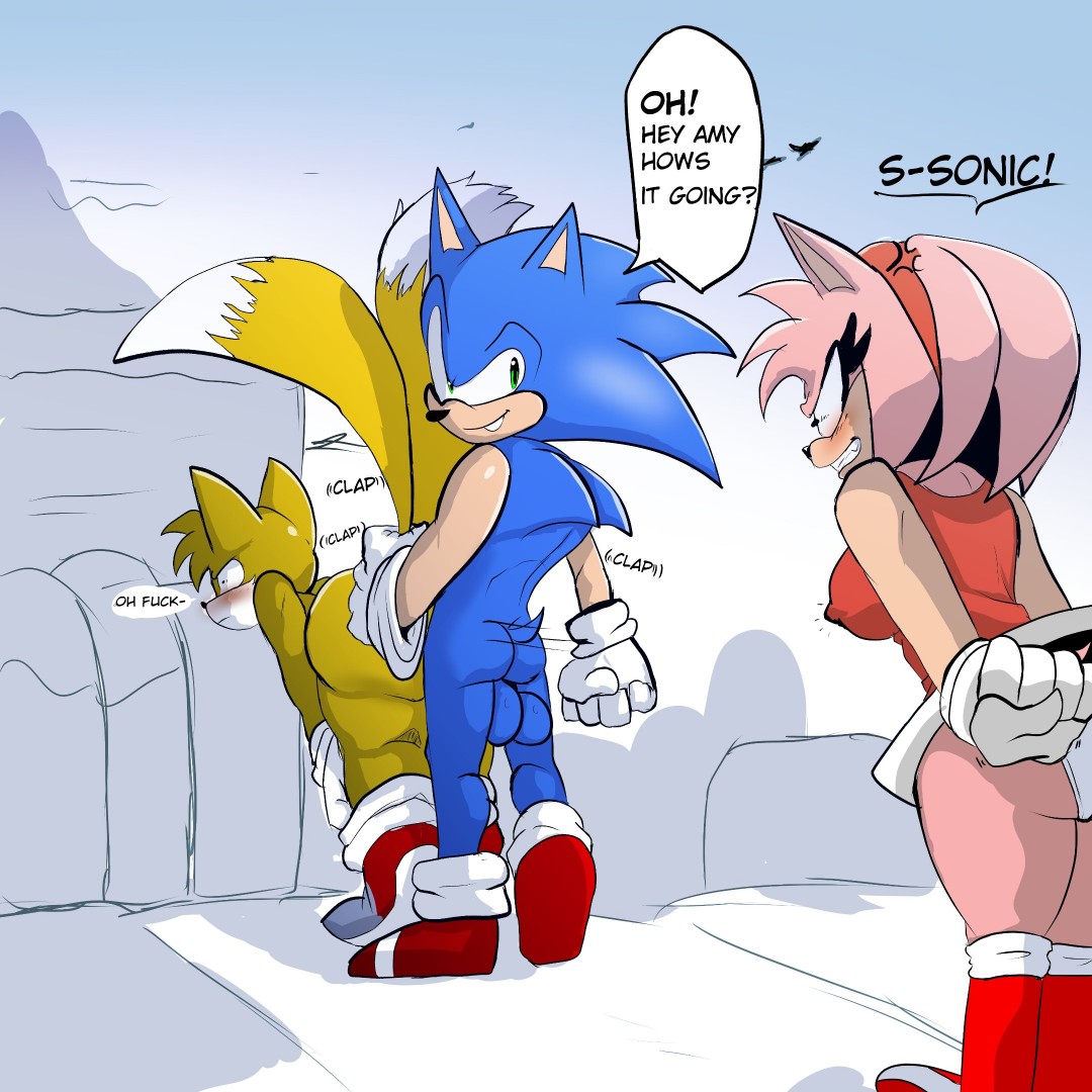 amy rose, anal, anal sex, angry expression, anthro, big ass, big breasts, clapping ass, erect nipples, furry, gay, gay sex, male/male, mobian, mobian (species), mobian hedgehog, nude, nude female, nude male, panties, sonic (series), sonic the hedgehog, sonic the hedgehog (series), susknuckles, tails, tails the fox, text bubble