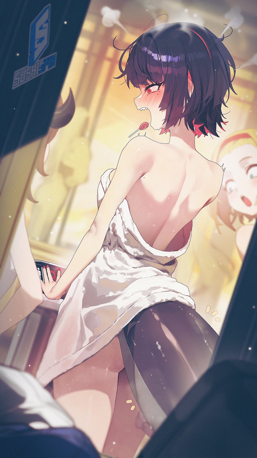 3girls, after bath, after bathing, ass, ass peek, back, back view, backboob, bare shoulders, big ass, big breasts, black hair, blonde hair, blush, blushing, bovine humanoid, breasts, colored nails, covered breasts, cow girl, cow horns, display, ellen joe, embarassed, embarrassed, eyebrows, eyelashes, fat tail, fingernails, headband, hoyoverse, indoors, interior, legs together, light skin, light-skinned female, lollipop, long nails, makeup, monna (zenless zone zero), mouth open, naked, naked female, nude, nude female, painted nails, peeping, peeping pov, peeping tom, public bath, red eyes, red hair, red nails, ruby (zenless zone zero), sauna, scale, screen, shark girl, shark humanoid, shark tail, sharp teeth, shocked, short hair, sideboob, steam coming off body, surprised, sushispin, thick thighs, thighs, thighs together, thiren, towel, towel lift, towel only, voyeur pov, voyeurism, weighing scale, wet back, wet body, wet hair, wet skin, wet tail, wet thighs, zenless zone zero