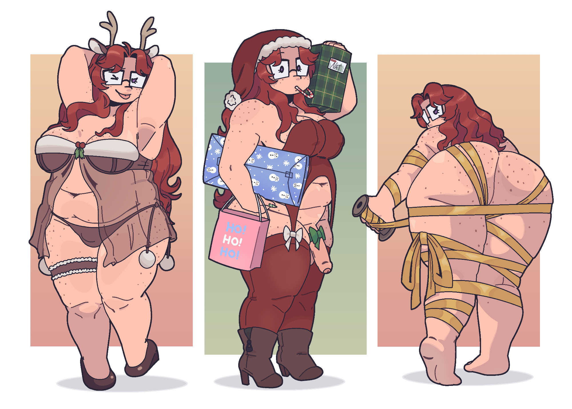 1futa, animal ear headwear, arms behind head, barefoot, bent over, boots, bow, bow on penis, breasts, bulge, candy cane, christmas, christmas clothing, christmas hat, christmas outfit, chubby, chubby female, collage, color, commission, corset, curvy, freckles, front view, garter belt, gift box, glasses, headband, heels, lingerie, long hair, looking at viewer, looking back, looking over shoulder, medium breasts, multiple outfits, nat (riteliso), navel, nipple bulge, panties, panty bulge, penis, red hair, reindeer antlers, reindeer costume, ribbon, ribbon bondage, riteliso, side tie panties, simple background, solo, standing, stockings, tied, tongue out, trans, trans woman, transfem, tummy, uncircumcised, uncut, wide hips, wink, worklunchbox