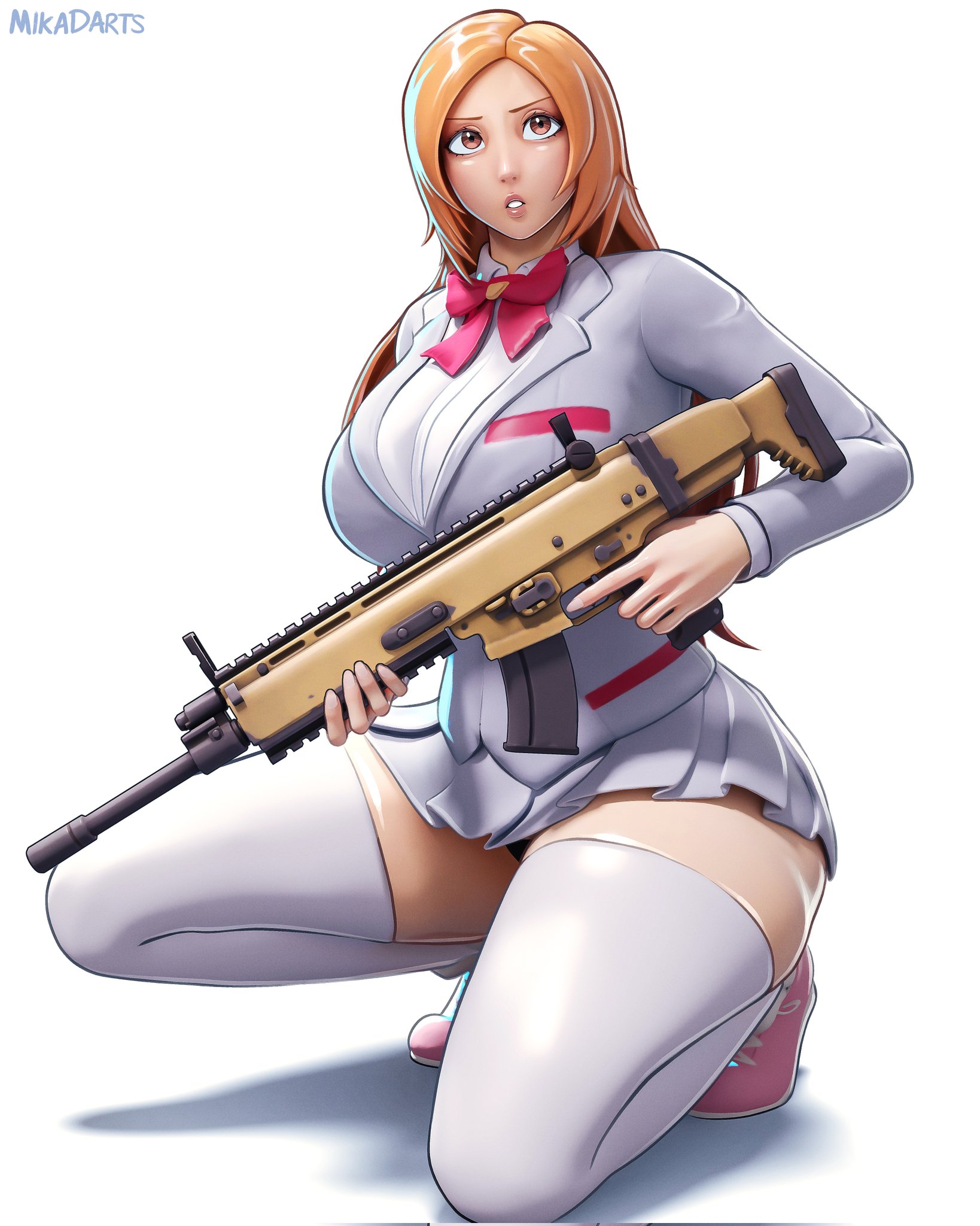 1girls, 2025, 3d, 3d (artwork), artist name, assault rifle, black panties, bleach, bleach: the thousand-year blood war, breasts, clothed, clothed female, female, female focus, female only, fn herstal, fortnite, fortnite scar, fortnite: battle royale, gun, huge breasts, inoue orihime, large breasts, light skin, light-skinned female, looking at viewer, mikadawn, panties, questionable, rifle, scar-l, simple background, skirt, solo, solo female, solo focus, squatting, thick thighs, thighhighs, thighs, weapon, white background, wide hips