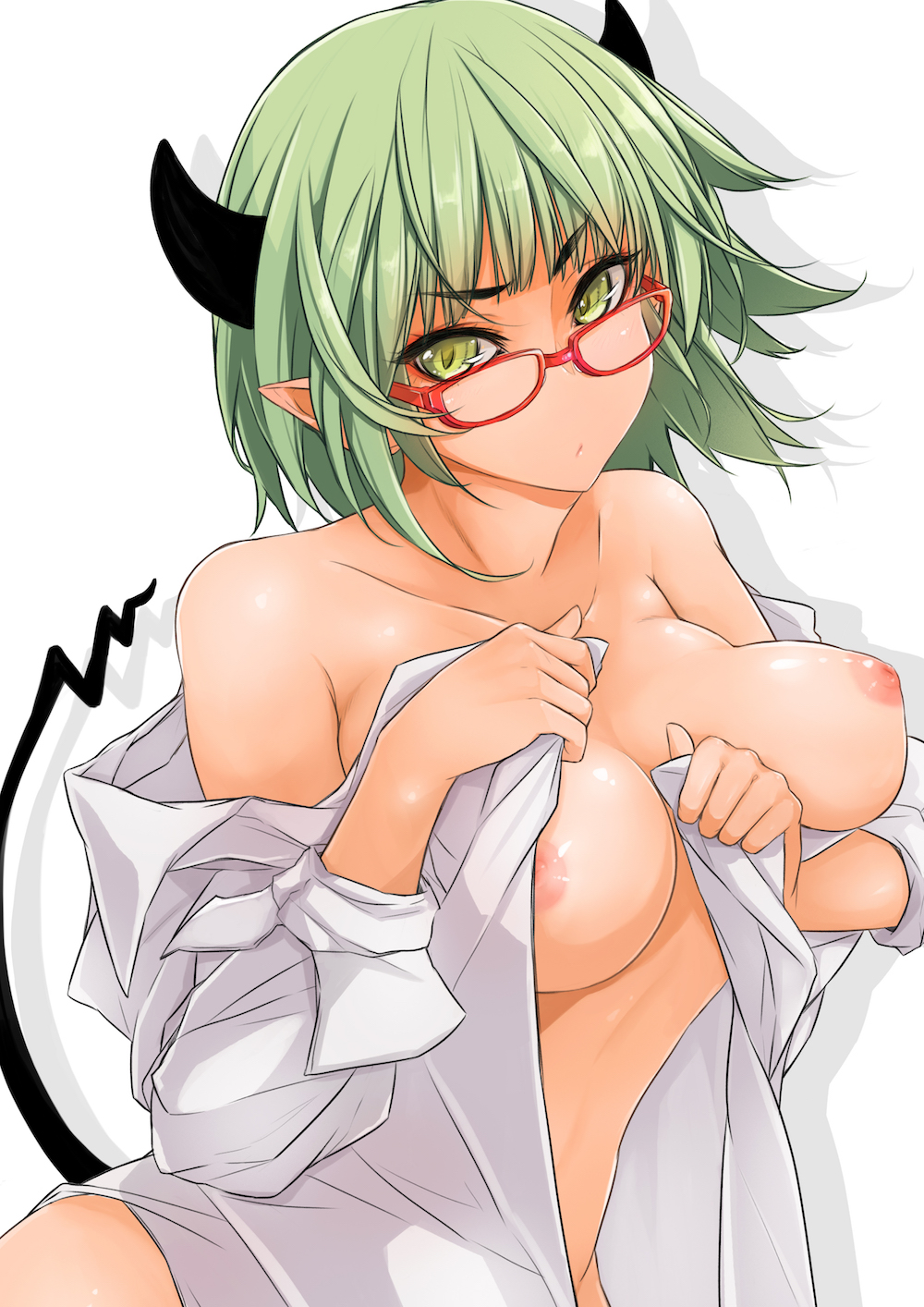 bare_shoulders breasts female glasses green_eyes green_hair highres horns inverted_nipples maru-pen medium_breasts open_clothes open_shirt original pointy_ears pout red-framed_eyewear shirt short_hair solo white_shirt