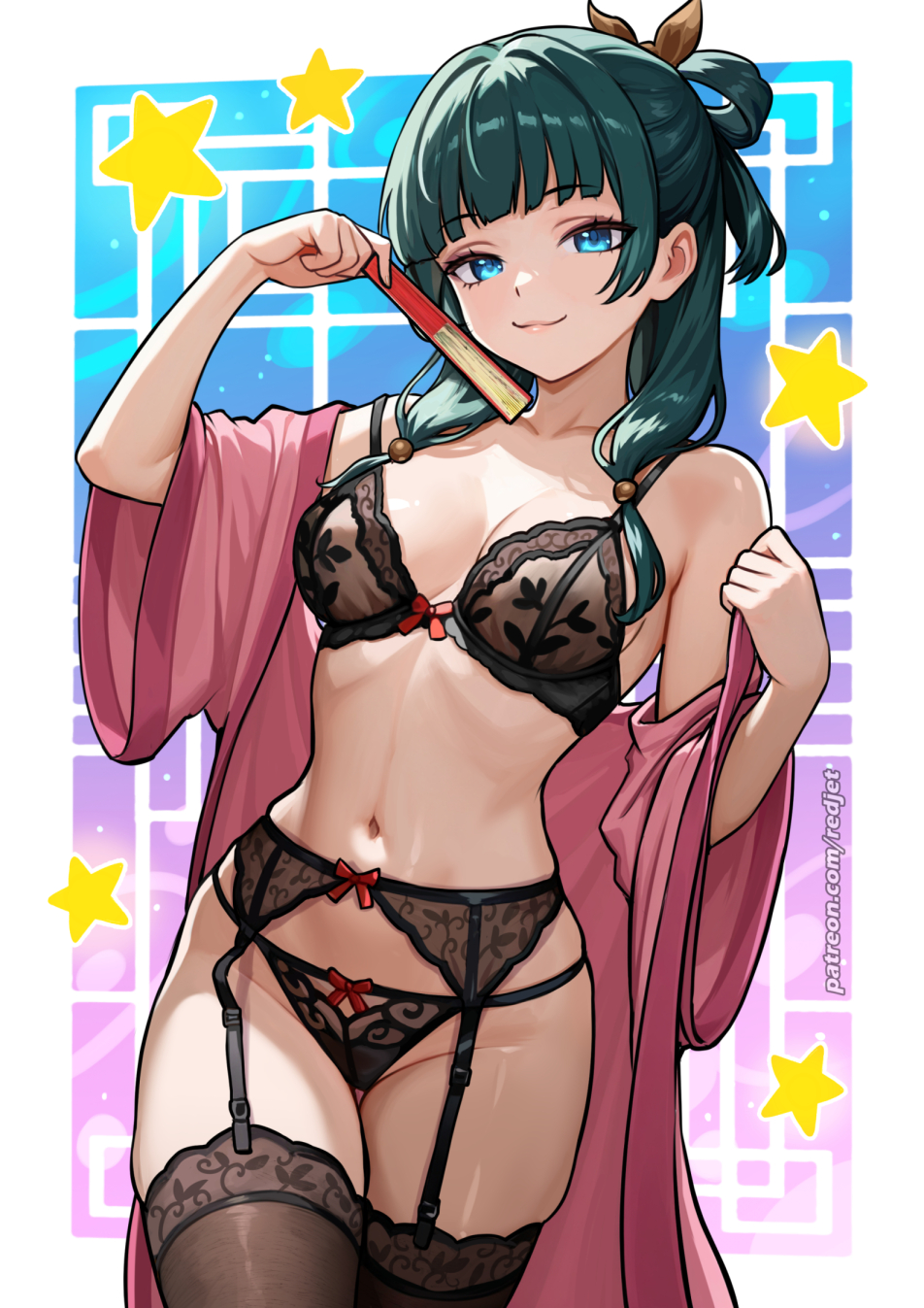 black bra, black garter straps, black thighhighs, bra, breasts, closed mouth, collarbone, female, female only, garter straps, green hair, hand fan, highres, holding, holding fan, kusuriya no hitorigoto, long hair, looking at viewer, maomao (kusuriya no hitorigoto), medium breasts, redjet, smile, solo, standing, star (symbol), thighhighs, underwear