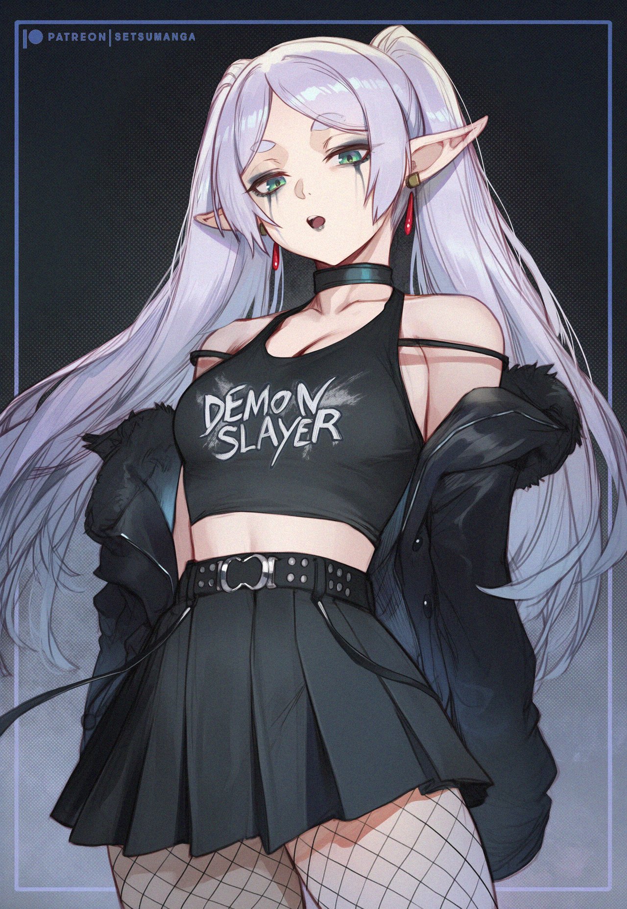 1girls, ai generated, bangs, bare shoulders, belt, black choker, black jacket, black shirt, black skirt, breasts, choker, clothes writing, collarbone, cowboy shot, crop top, earrings, female, female only, fishnet legwear, fishnets, frieren, fur trim, goth, goth girl, green eyes, jacket, jewelry, long hair, long sleeves, looking at viewer, midriff, miniskirt, off shoulder, open clothes, open jacket, open mouth, pantyhose, pleated skirt, pointy ears, setsuaiart, skirt, solo, sousou no frieren, tank top, very long hair