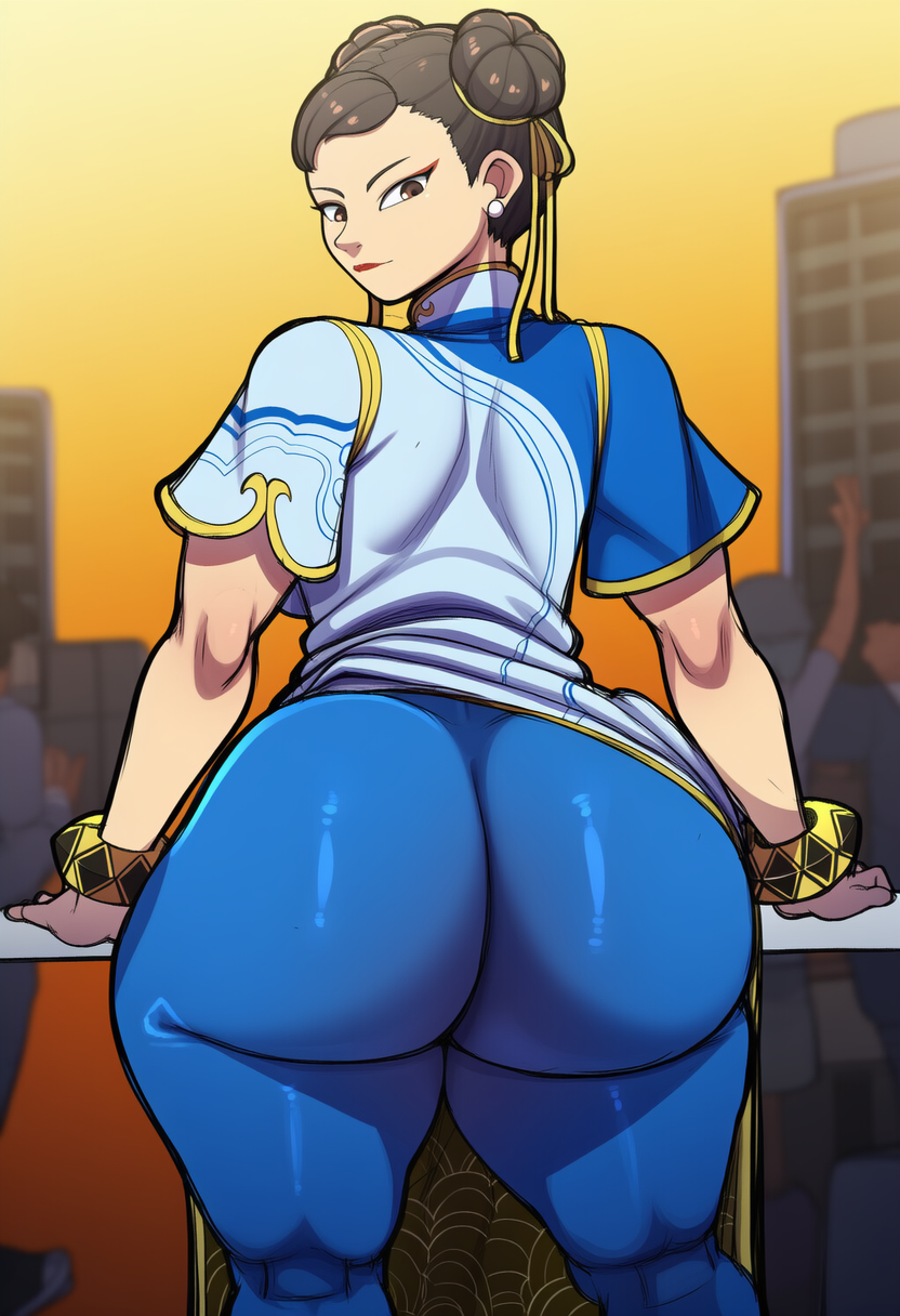 1girls, ai, ai generated, ass focus, back view, behind view, big ass, big butt, bubble ass, bubble butt, chun-li, female, looking at viewer, novelai, solo, street fighter, street fighter 6, thick thighs