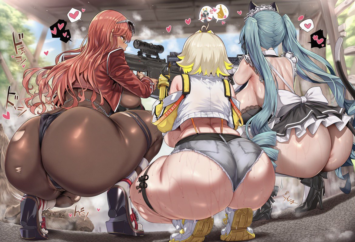 3girls, ai generated, ass, big ass, bikini, blonde hair, blue hair, elegg (nikke), goddess of victory: nikke, heart, high heels, light skin, light-skinned female, long hair, maid headdress, multicolored hair, multiple girls, partially visible vulva, privaty (nikke), red hair, redilus, short hair, squatting, streaked hair, swimsuit, thigh strap, thighhighs, thighs, twintails, volume (nikke)
