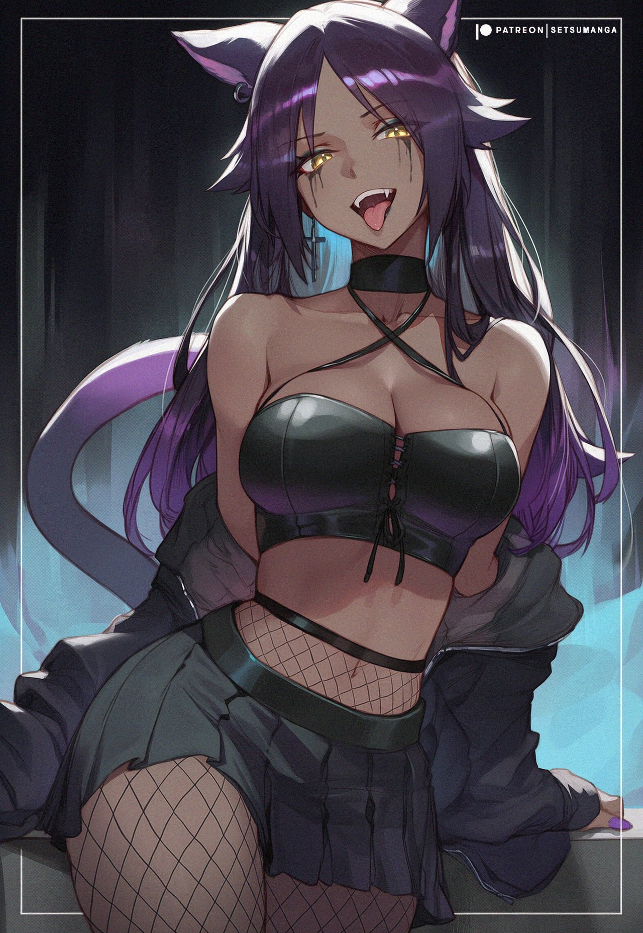1girls, ai generated, animal ears, bare shoulders, black jacket, black skirt, bleach, breasts, choker, cleavage, collarbone, dark skin, female, fishnet legwear, fishnets, goth, halterneck, jacket, large breasts, long hair, long sleeves, looking at viewer, midriff, navel, off shoulder, open mouth, pantyhose, purple hair, setsuaiart, shihouin yoruichi, sidelocks, skirt, smile, solo, tongue, tongue out, yellow eyes