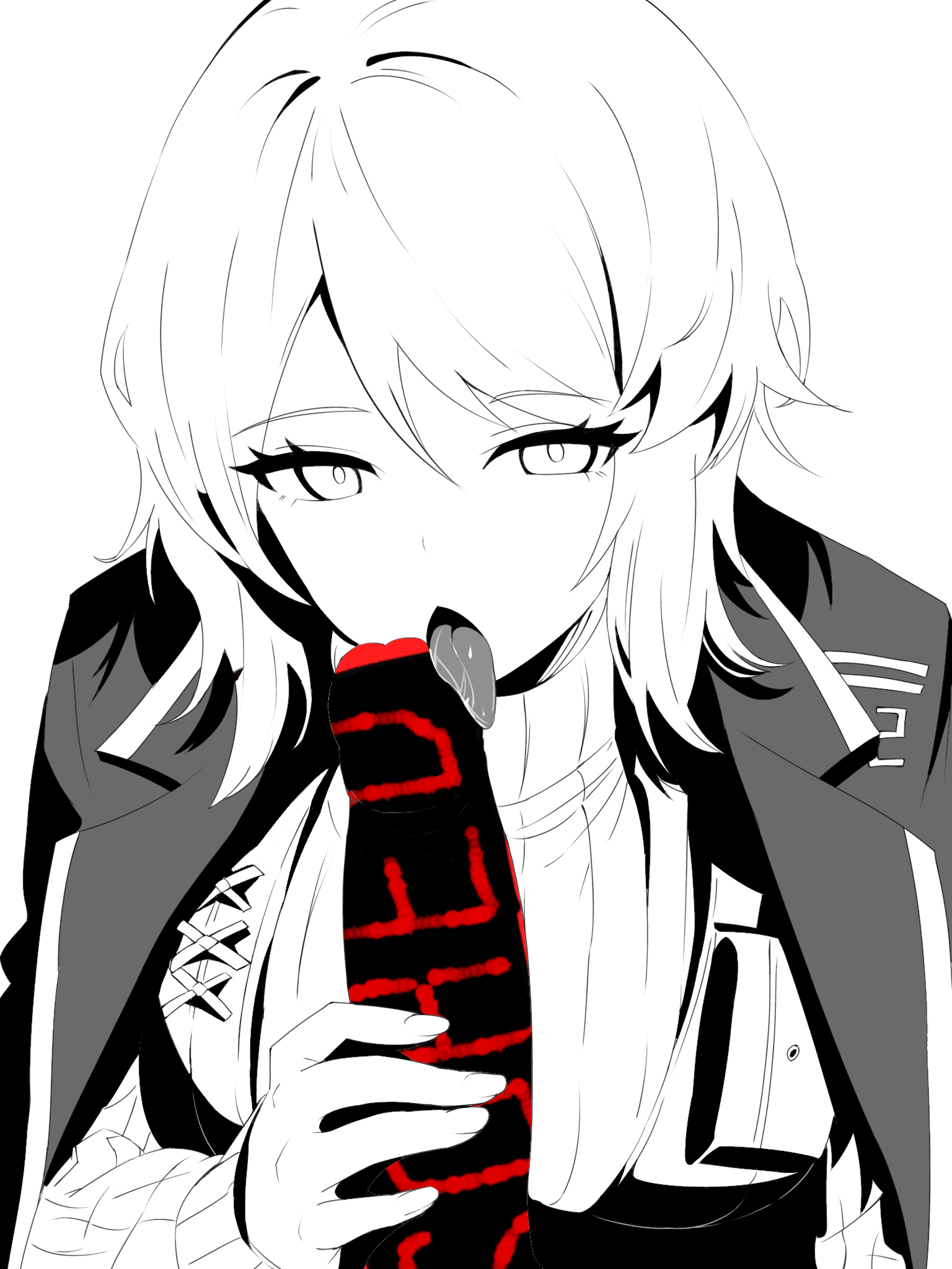 1girls, black and white, blowjob, censored, censored penis, faust (limbus company), fellatio, female, female focus, licking penis, limbus company, oral, project moon, short hair, white background, white hair