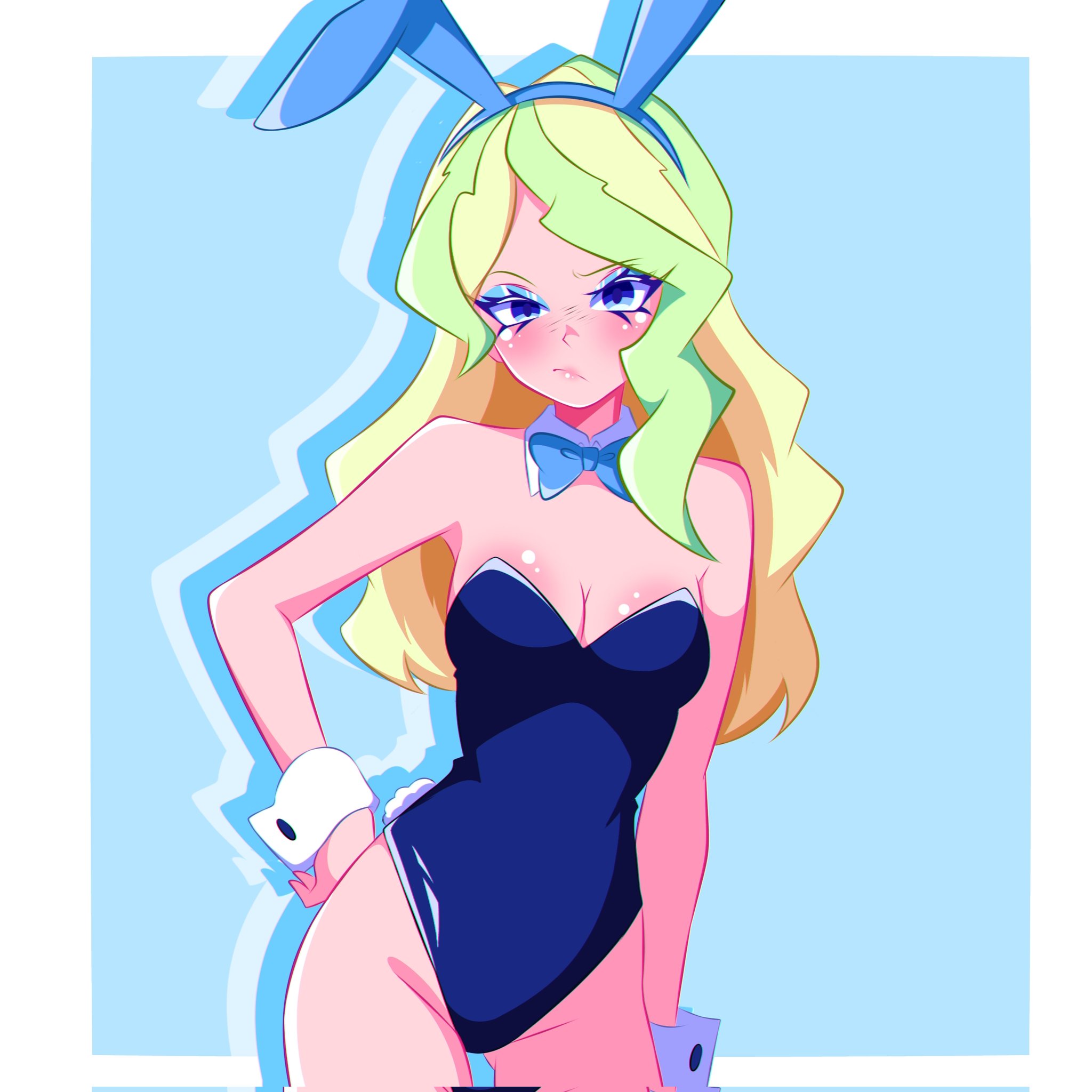 :/, 1girls, animal ear hairband, b1iz4rd, blonde hair, blue bow, blue bowtie, blue bunnysuit, blue eyes, blue leotard, border, bow, bowtie, breasts, bunnysuit, closed mouth, commentary, cowboy shot, detached collar, diana cavendish, english commentary, fake animal ears, fake rabbit ears, fake rabbit tail, fake tail, female, female only, hairband, hand on own hip, highres, leotard, light skin, light-skinned female, little witch academia, long hair, looking at viewer, medium breasts, playboy bunny, rabbit ear hairband, solo, v-shaped eyebrows, very long hair, white border, wrist cuffs