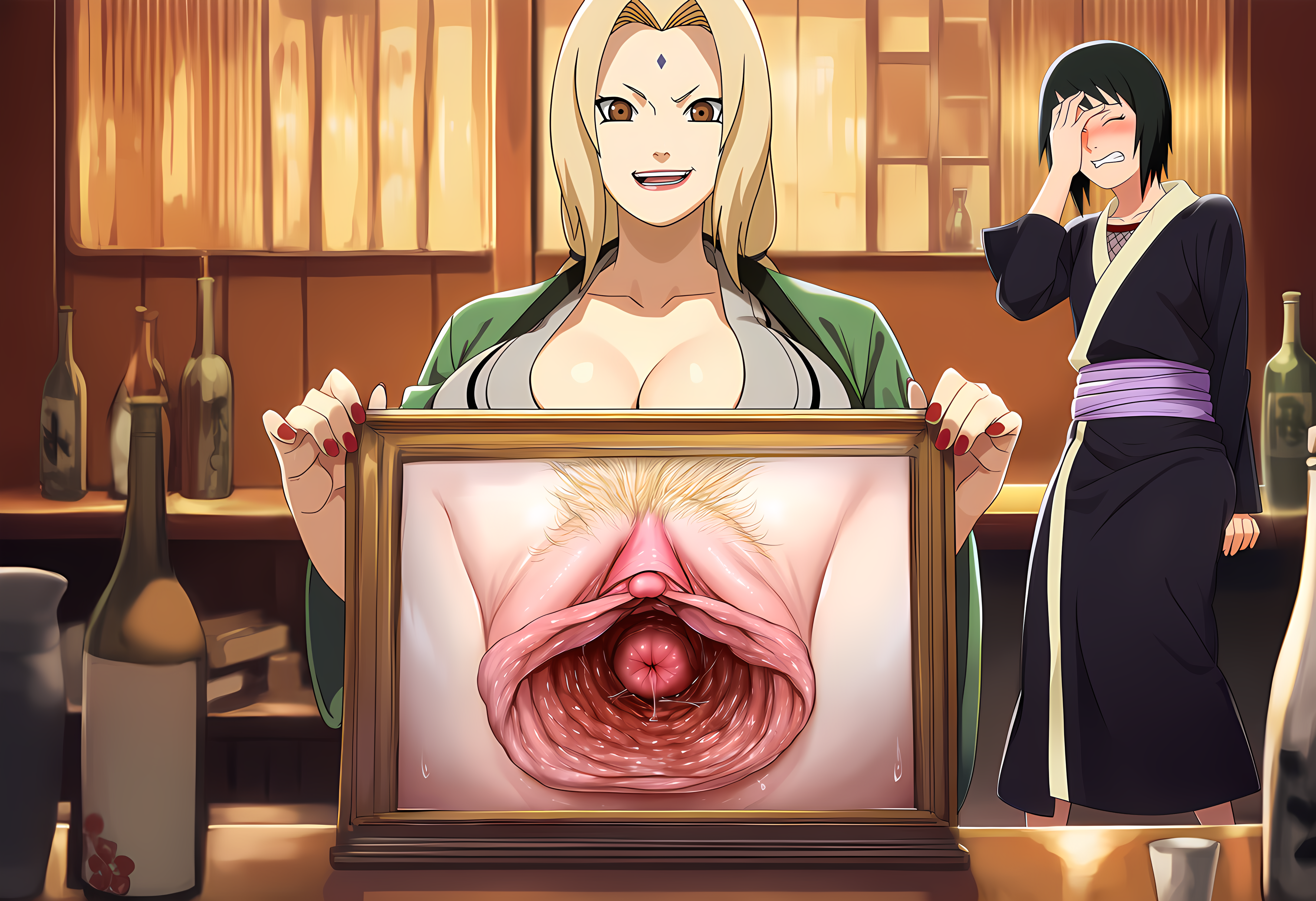 2girls, ai generated, alcohol, annoyed, assistant, bar (place), cervix, clitoris, cocky grin, cocky smile, confident smile, displaying, embarrassed, facepalm, gaping, gaping pussy, holding picture, huge pussy, looking at viewer, naruto (series), picture of pussy, presenting, presenting pussy, proud, pubic hair, public exposure, public indecency, pussy, pussy juice, ruined pussy, sake, sake bottle, shizune, stretched pussy, tsunade, tsunade (naruto), vagina