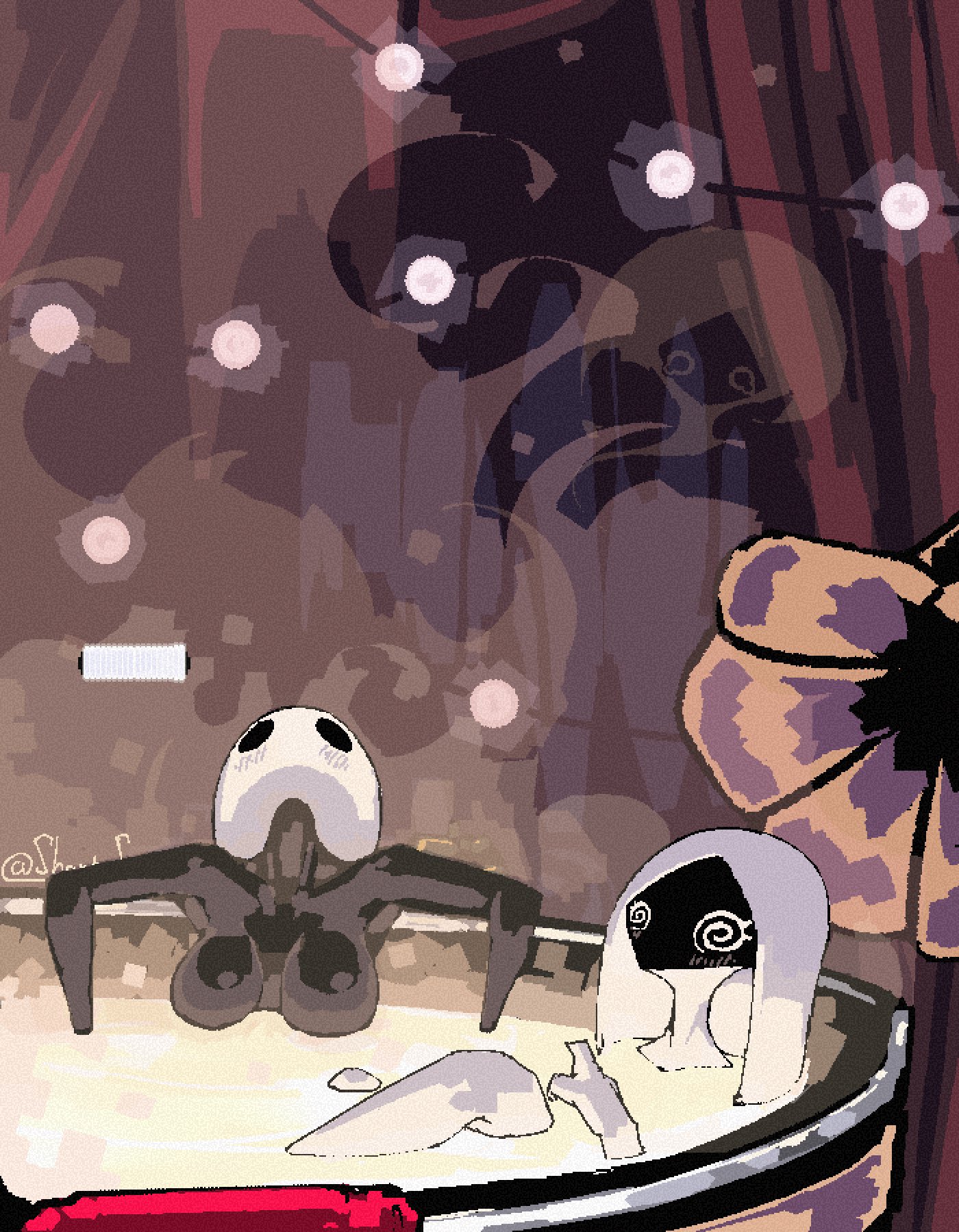 2025, after sex, anthro, arthropod, bath, bathing, black body, breasts, duo, female, hi res, hollow knight, hollow knight (franchise), hollow knight: silksong, hornet (hollow knight), insects, lace (hollow knight), lesbian, lesbian sex, nude, partially submerged, shantysixix, spiral, spiral eyes, team cherry, water, white body, white eyes, yuri