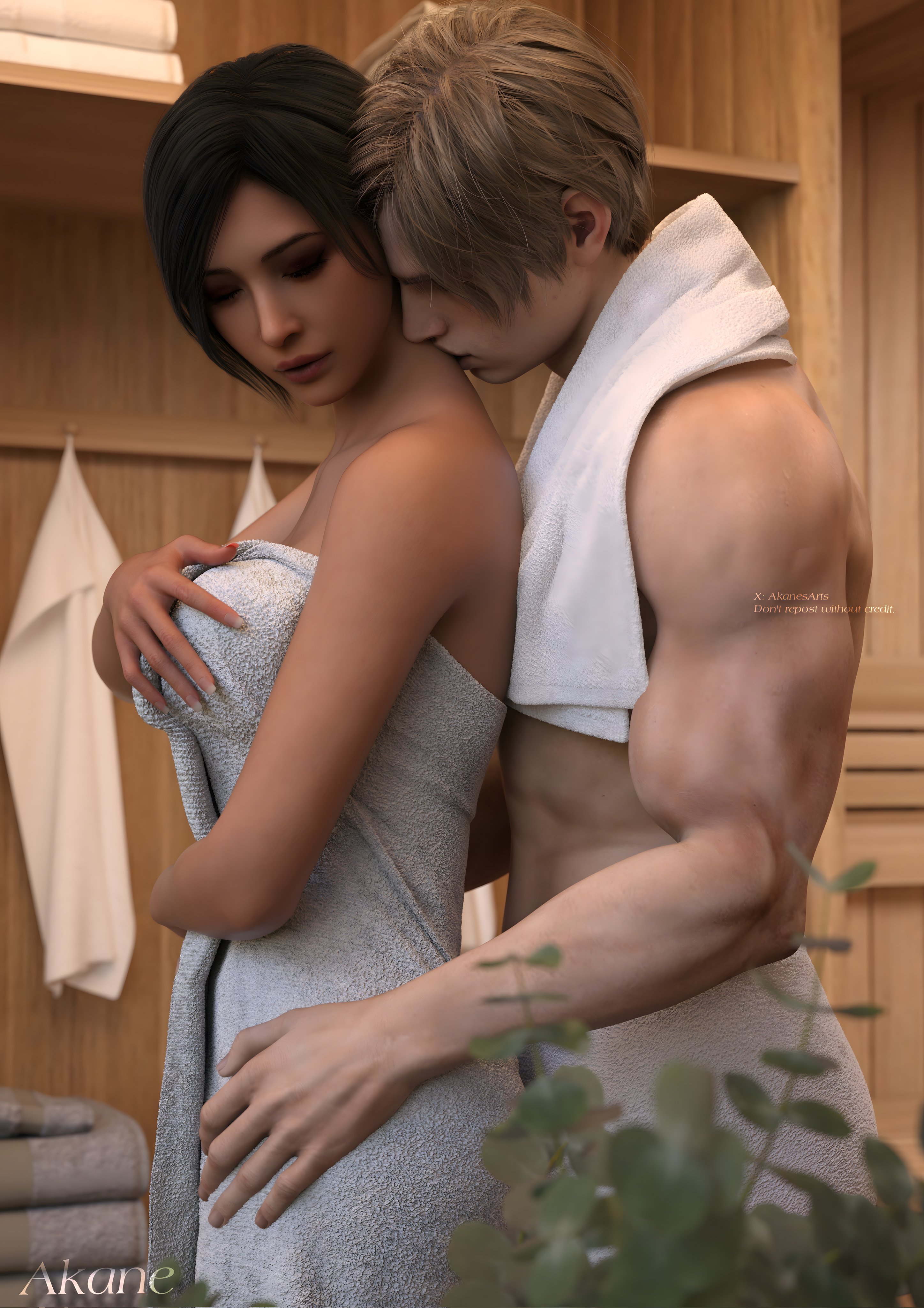 1girls, 3d, 3d (artwork), 3d model, 3d render, ada wong, ada wong (adriana), akanesarts, asian, asian female, black hair, blonde hair, brown eyes, closed eyes, fit, fit female, fit male, french nails, hand on hip, highres, kissing neck, leon scott kennedy, painted nails, resident evil, resident evil 4, resident evil 4 remake, romantic, romantic ambiance, sauna, sensual, short hair, towel, towel around neck, towel around waist, towel only, towel over breasts, twitter username