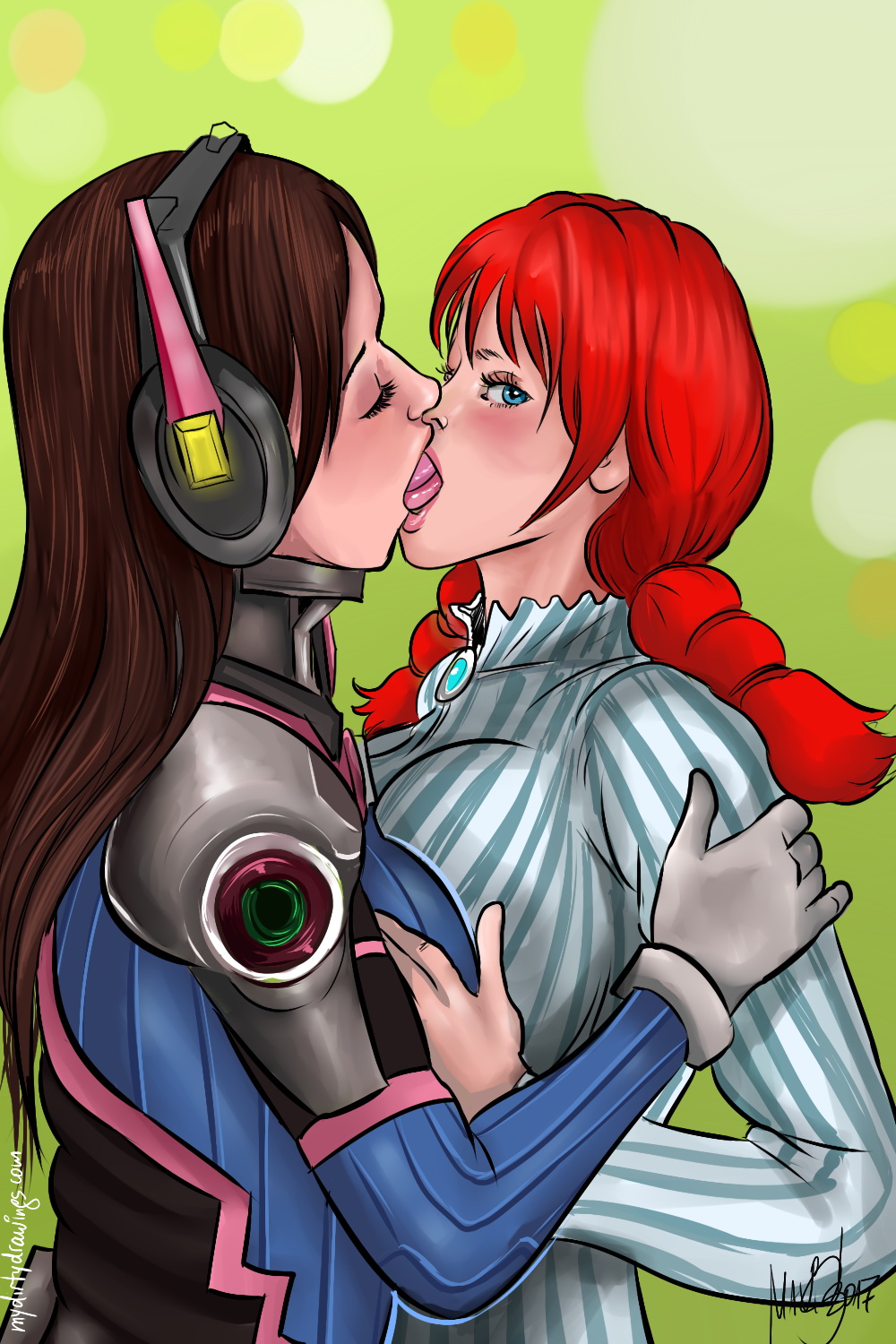 2girls breast_press brown_hair crossover d.va female female_only kissing long_hair looking_at_viewer mascot mavruda overwatch overwatch_2 red_hair wendy's wendy_thomas yuri