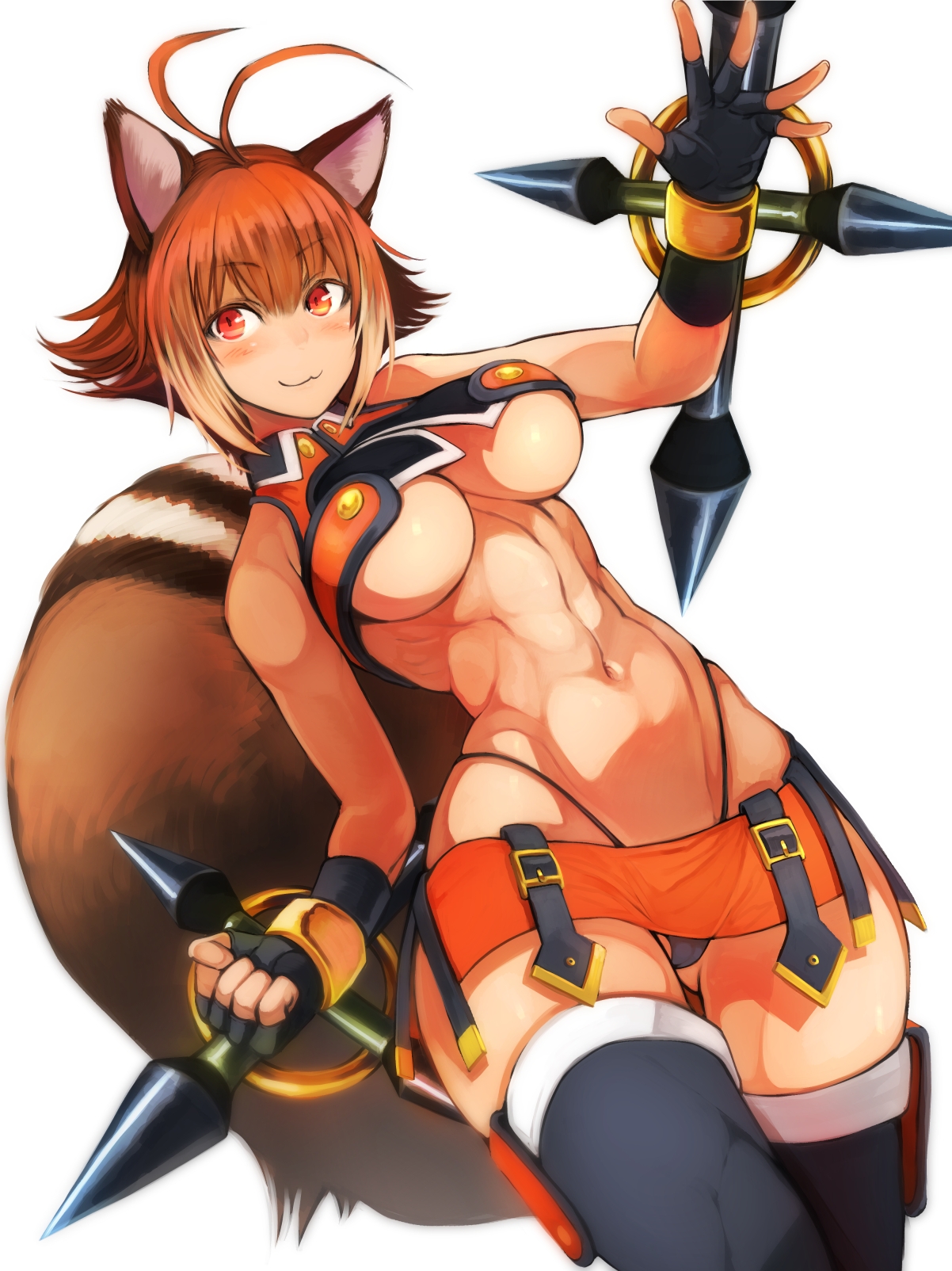 1girls, abs, animal ear fluff, animal ears, animal tail, antenna hair, ass visible through thighs, bare arms, bare belly, bare chest, bare hips, bare midriff, bare navel, bare shoulders, bare skin, belly, belly button, bewitching thighs, big breasts, black fingerless gloves, black gloves, black legwear, black stockings, black thigh highs, black thighhighs, blazblue, blush, blush face, blushing at viewer, blushing female, breasts, brown eyebrows, brown hair, brown-haired female, busty, busty female, busty girl, child bearing hips, closed mouth smile, curvaceous, curvaceous body, curvaceous female, curvaceous figure, curvaceous hips, curvaceous thighs, curvy, curvy body, curvy female, curvy figure, curvy hips, curvy thighs, exposed arms, exposed belly, exposed chest, exposed hips, exposed midriff, exposed navel, exposed shoulders, exposed skin, eyebrows visible through hair, female, female only, fertile hips, fingerless gloves, gloves, hip dips, inframammary fold, inguinal crease, inguinal ligament, large boobs, large breasts, legwear, makoto nanaya, medium hair, muscular, muscular female, navel, nishiide kengorou, plump breasts, red eyes, red-eyed female, skirt, smile, smiley face, smiling, smiling at viewer, smirk, stockings, stomach, tanuki ears, tanuki girl, tanuki tail, thigh gap, thigh highs, thighhighs, thong, wide hips