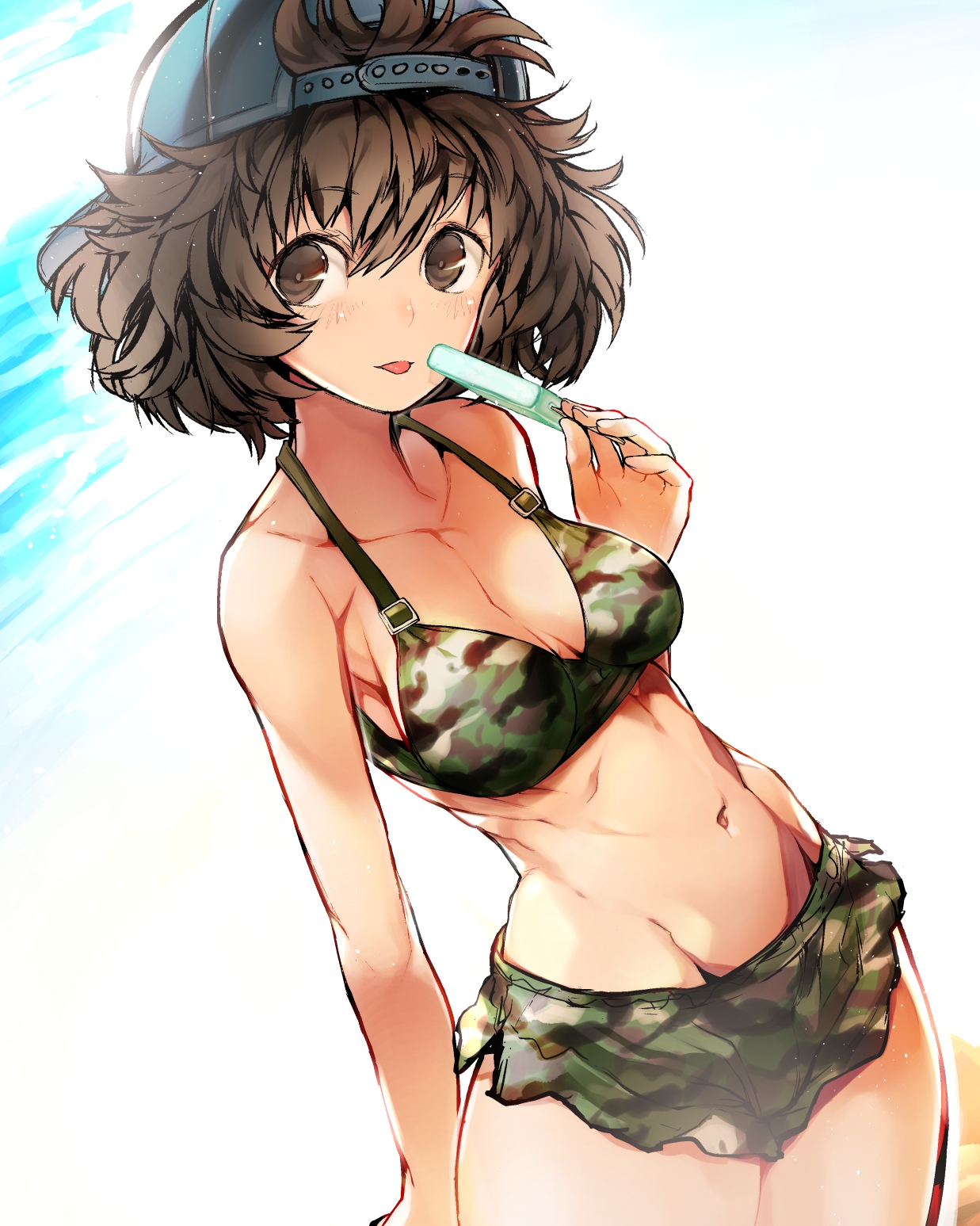1girls, akiyama yukari, average breasts, bare arms, bare belly, bare chest, bare hands, bare hips, bare legs, bare midriff, bare navel, bare shoulders, bare skin, bare thighs, belly, belly button, bikini, bikini bottom, bikini only, bikini top, breasts, breasts apart, brown eyebrows, brown eyes, brown hair, brown-eyed female, brown-haired female, cap, curvaceous, curvaceous body, curvaceous female, curvaceous figure, curvaceous hips, curvaceous thighs, curvy, curvy body, curvy female, curvy figure, curvy hips, curvy thighs, day, daylight, daytime, exposed arms, exposed belly, exposed chest, exposed hips, exposed legs, exposed midriff, exposed navel, exposed shoulders, exposed skin, exposed thighs, female, female only, girls und panzer, green bikini, green bikini bottom, green bikini top, green swimsuit, green swimwear, half naked, half nude, halterneck, head tilt, hip dips, inframammary fold, inguinal crease, inguinal ligament, legs closed, legs together, linea alba, looking up, looking up at viewer, medium breasts, medium hair, mons pubis, naked, naked female, naked woman, navel, nishiide kengorou, nude, nude female, nudity, outdoor, outdoor nudity, outdoors, outside, popsicle, semi nude, stomach, swimsuit, swimwear, thighs together, tilted head, tongue, tongue out
