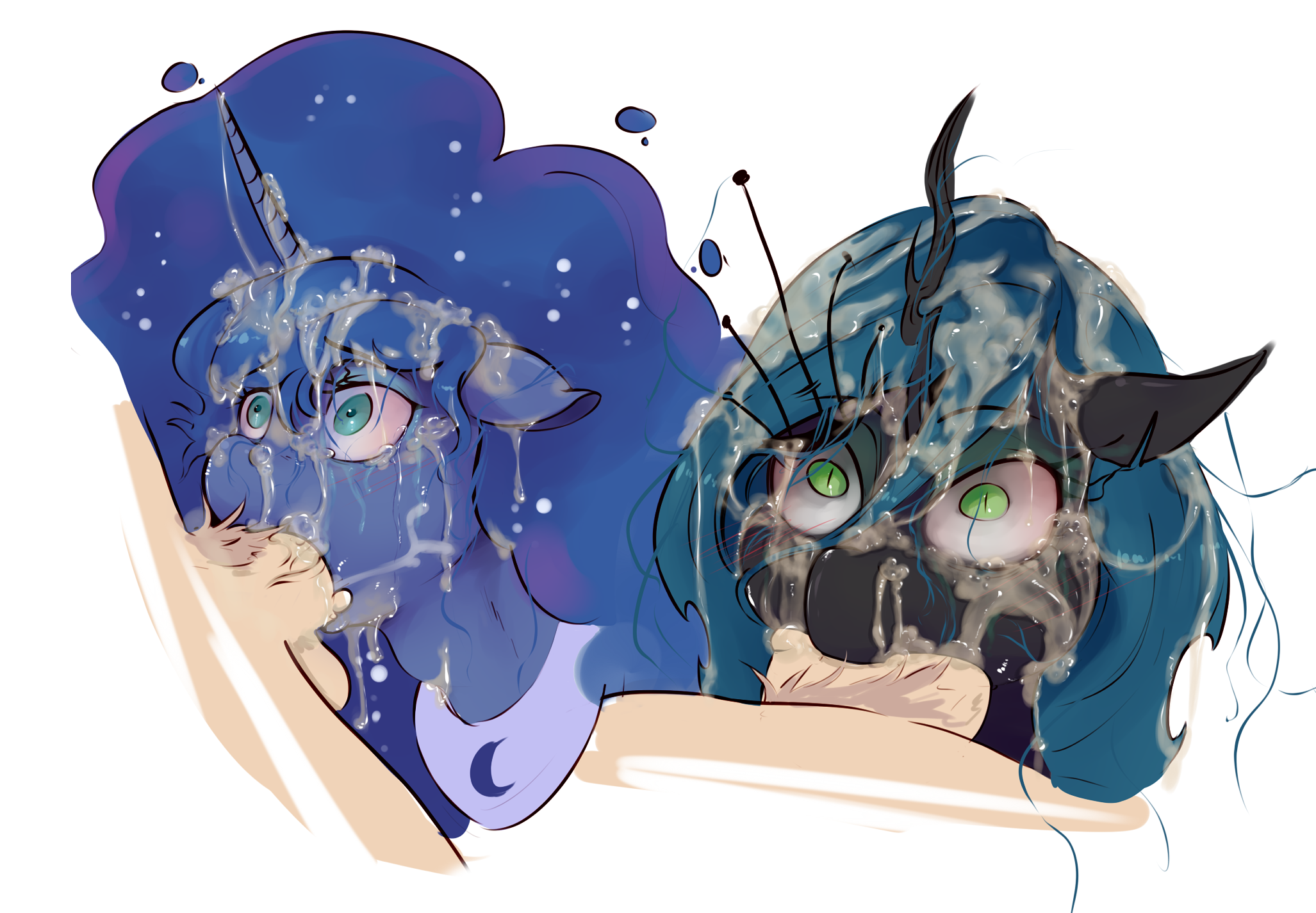 2girls, alternate version available, anon, anonymous male, balls, blowjob, blush, bukkake, cum, deepthroat, equine, face fucking, facefuck, facial, female, floppy ears, friendship is magic, hasbro, human, human male, human male on mare, human on feral, human on pony action, human penis, interspecies, looking up, male, male human/female feral, male on feral, male/female, mare, my little pony, nudity, oral, oral creampie, oral sex, partial male, pony, princess luna (mlp), pubic hair, puffy cheeks, queen chrysalis (mlp), sundown (artist), sunnysundown, throat bulge, wide eyes