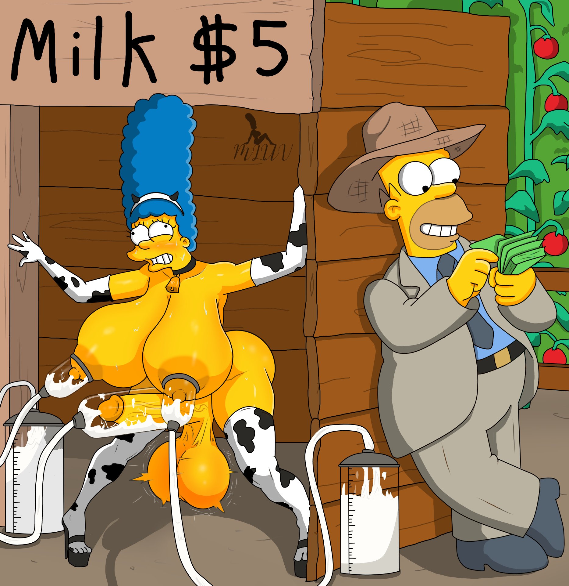 1boy, 1futa, business suit, cow print, cum, cumming, effectively nude, futanari, gloves, high heels, homer simpson, marge simpson, milking machine, mluv, money, nude, nude futa, orgasm, shack, stockings, straw hat, the simpsons, tomato