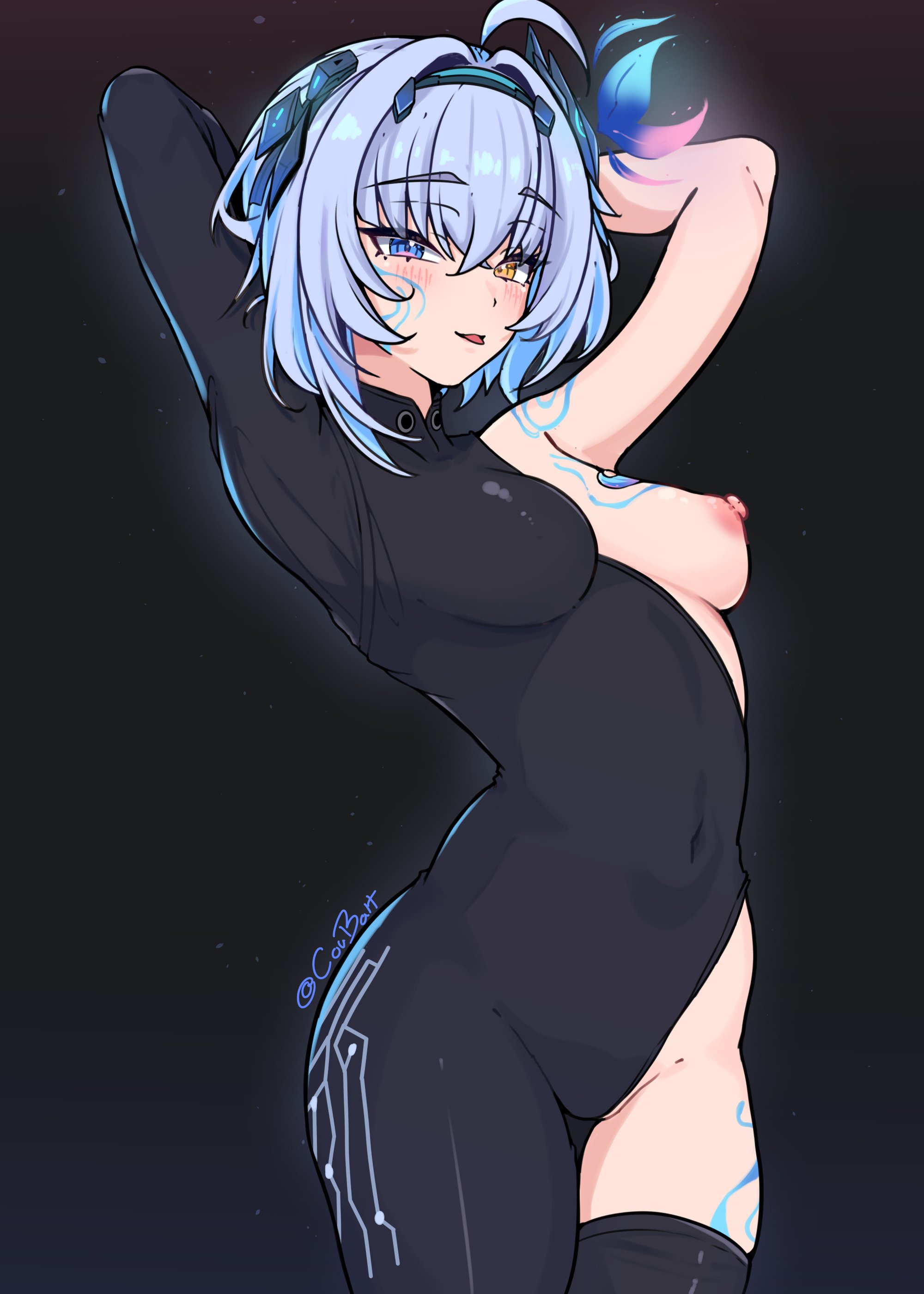 absurdres, ahoge, armpits, arms behind head, artist name, blue eyes, blue hair, blush, breasts, commentary, coubalty, facial mark, female, half-dress, hashtag-only commentary, heterochromia, highres, hip tattoo, looking at viewer, medium breasts, navel, nipples, noa talent, one breast out, perky breasts, sayu sincronisity, short hair, smile, solo, tattoo, techwear, thighs, tongue, tongue out, virtual youtuber, vtuber, yellow eyes