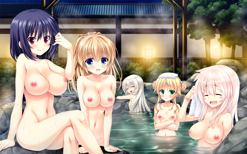 5girls black_hair blonde_hair blush blush_stickers breasts brown_hair closed_eyes crossed_arms crossed_legs double_bun game_cg green_eyes heart_tongue inuzumi_masaki large_breasts long_hair looking_at_viewer medium_breasts michimura_yuzuko miyamae_heinrich_komachi multiple_girls nipples nude onsen ooyama_riri partially_submerged pink_hair red_eyes short_hair sitting small_breasts smile steam takano_yuki_(allegro_mistic) tarareba_(aries) thea_(tarareba) towel towel_on_head very_long_hair water wet white_hair yanokuchi_arie