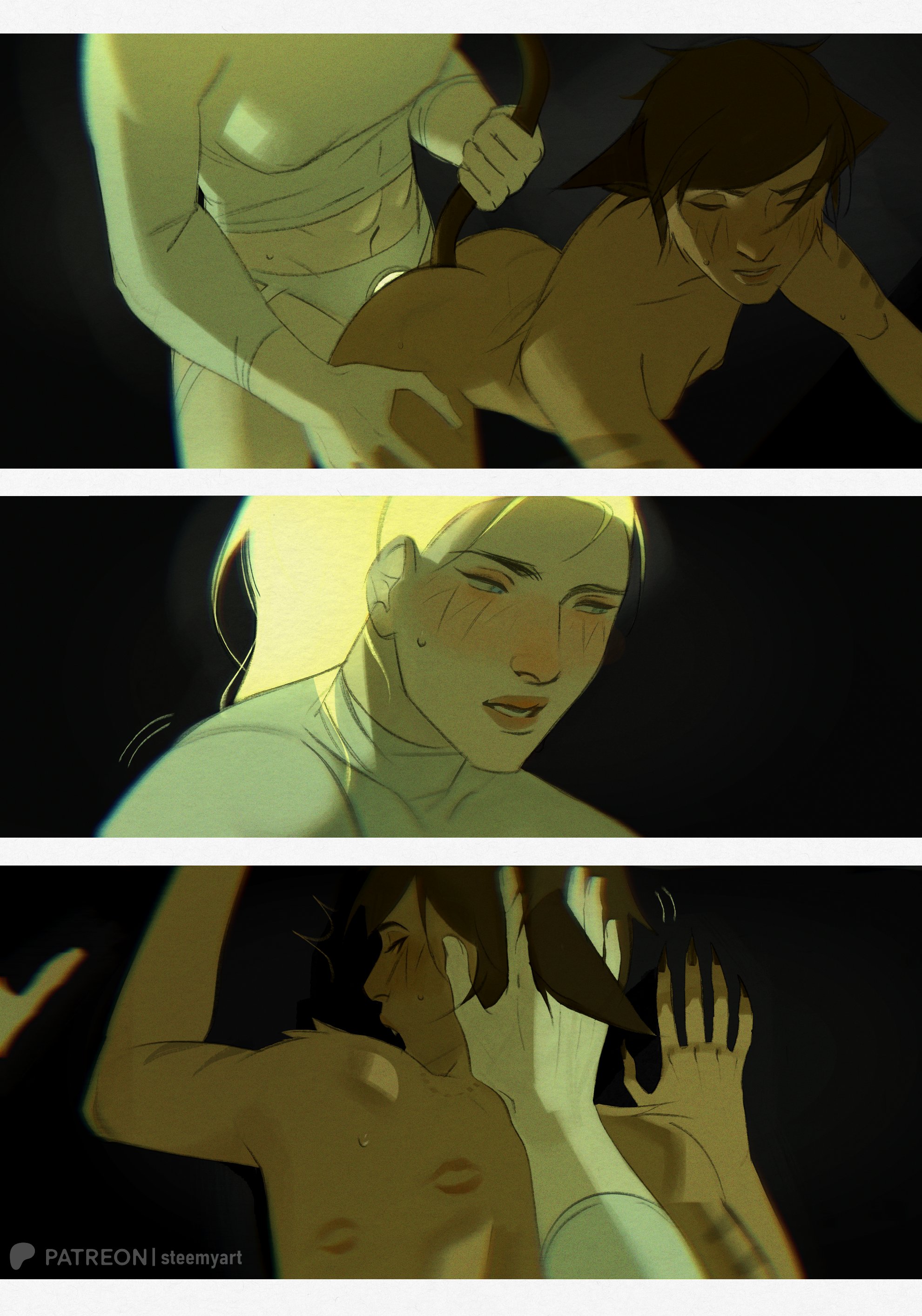 2girls, abs, adora, ambiguous penetration, big breasts, bite mark, bite mark on shoulder, bite marks, blonde hair, blue eyes, blush, blushing, brunette, canon couple, cat ears, cat girl, cat tail, catgirl, catra, clothed female, clothed female nude female, compression shirt, doggy style, doggystyle, female, female only, female/female, glowing dildo, glowing hair, glowing strap-on, hair grab, kiss mark, kiss marks, larger female, lesbian, lesbian couple, lesbian sex, lesbians, lipstick mark, lipstick marks, long fingernails, long hair, muscular female, naked female, painted nails, penetration, ponytail, sharp nails, she-ra, she-ra and the princesses of power, short hair, size difference, small breasts, smaller female, steemyart, strap-on, strapon, sweatdrop, tail grab, tail pull, thigh grab, yuri