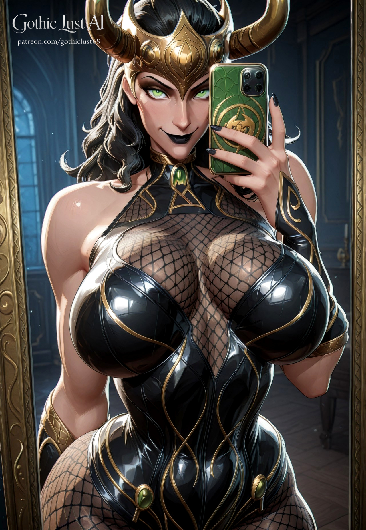ai generated, ass, big ass, big breasts, black hair, black lipstick, breasts, breasts focus, busty, camera, cellphone, dominant, evil smile, femdom, goth, goth girl, gothic, gothiclustai, lady loki, lady loki (marvel rivals), lingerie, loki (marvel rivals), loki (marvel), marvel, marvel comics, marvel rivals, mirror, mirror selfie, new year, provocative, queen, selfie, size difference, taller female