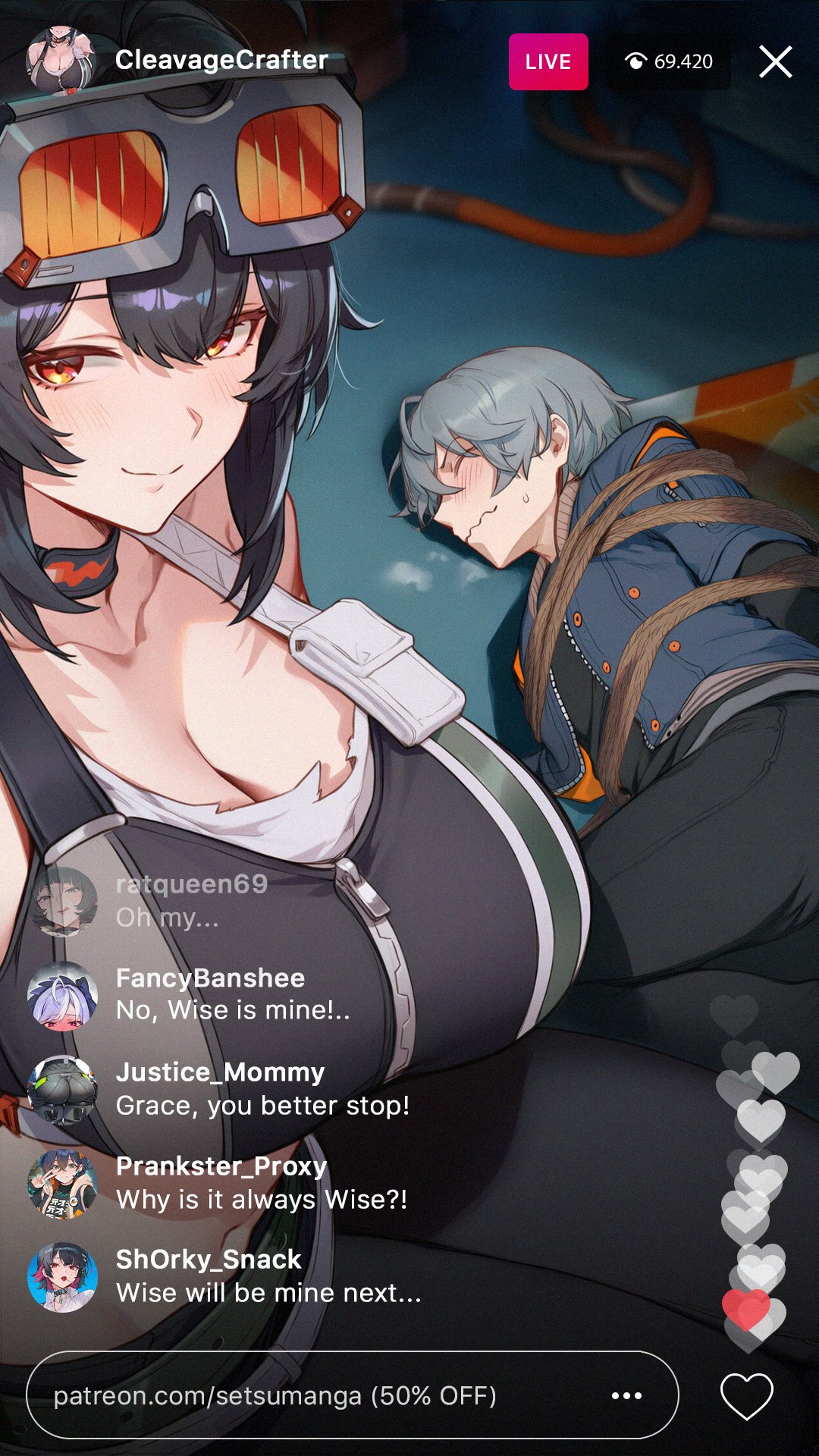 1boy, 1girls, ai generated, big breasts, black hair, blush, bound, breasts, choker, cleavage, eyewear on head, grace howard, huge breasts, large breasts, long hair, multiple girls, pants, setsuaiart, smile, wise (zenless zone zero), zenless zone zero
