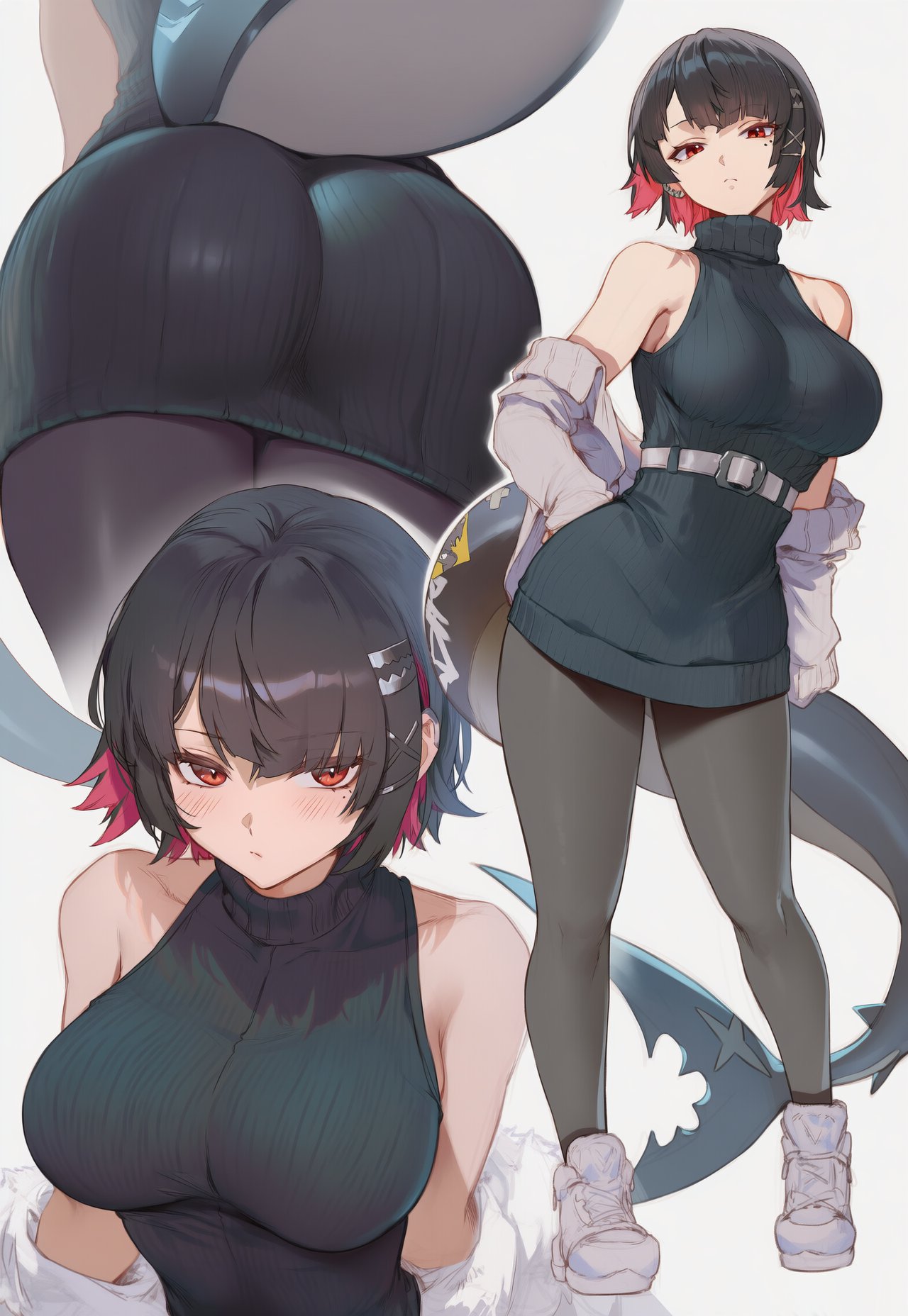 1girls, ai generated, ass, bare shoulders, big ass, big breasts, black hair, breasts, ellen joe, large breasts, looking at viewer, multicolored hair, multiple views, pantyhose, red eyes, setsuaiart, short hair, simple background, sleeveless, tagme, two-tone hair, zenless zone zero