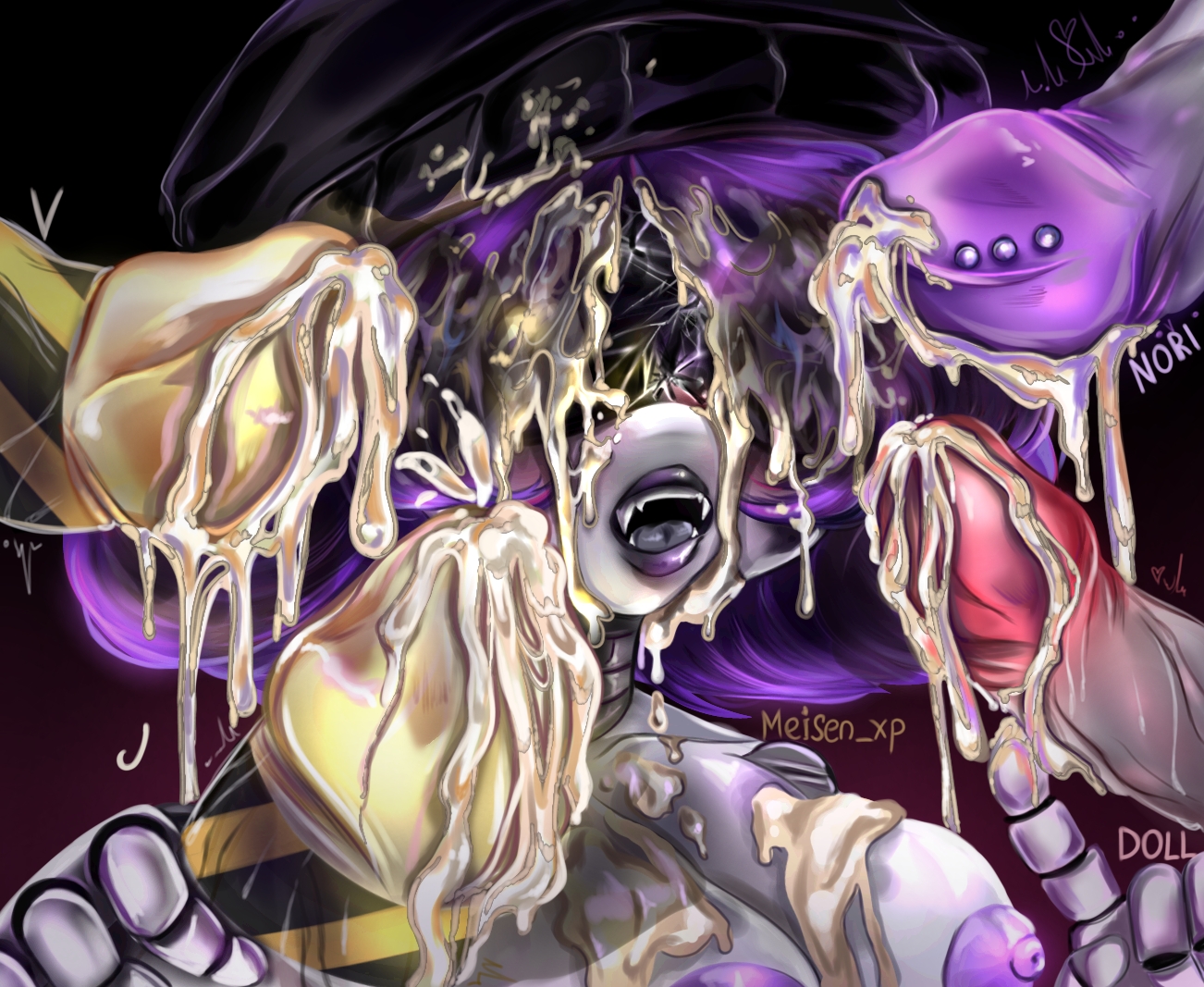 4 penises, breasts, covered in cum, cum, cum all over, cum drip, cum on breasts, cum on face, cum on hair, doll (murder drones), dripping cum, futanari, glowing, incest, j (murder drones), meisen xp, murder drones, nori (murder drones), open mouth, pierced penis, piercing, purple hair, uzi (murder drones), v (murder drones)