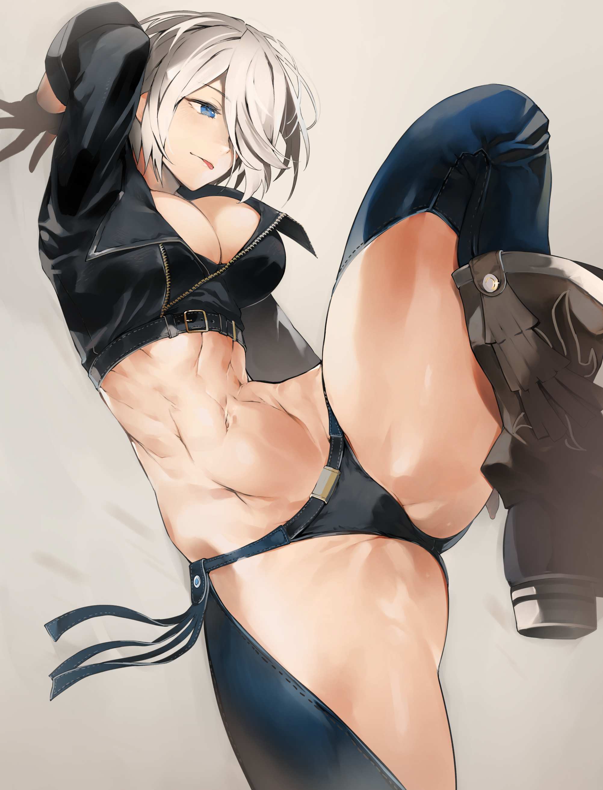 1girls, abs, adult, adult female, angel (kof), arm up, bare belly, bare hips, bare midriff, bare navel, bare skin, bare thighs, belly, belly button, big breasts, black coat, black jacket, black legwear, black stockings, black thigh highs, black thighhighs, blue eyes, blue-eyed female, breasts, busty, busty female, busty girl, coat, exposed belly, exposed hips, exposed midriff, exposed navel, exposed skin, exposed thighs, eyebrows hidden by hair, female, female only, foot up, groin tendon, hair covering eye, hair over eye, hair over one eye, half-closed eyes, hand behind head, hand up, head tilt, hip dips, jacket, king of fighters, knee up, large boobs, large breasts, leg up, legs apart, legs spread, legwear, mature, mature female, medium hair, muscular, muscular female, navel, nishiide kengorou, plump breasts, spread legs, spreading legs, spreading thighs, stockings, stomach, thigh highs, thighhighs, thong, tilted head, white background, white eyebrows, white hair, white-haired female