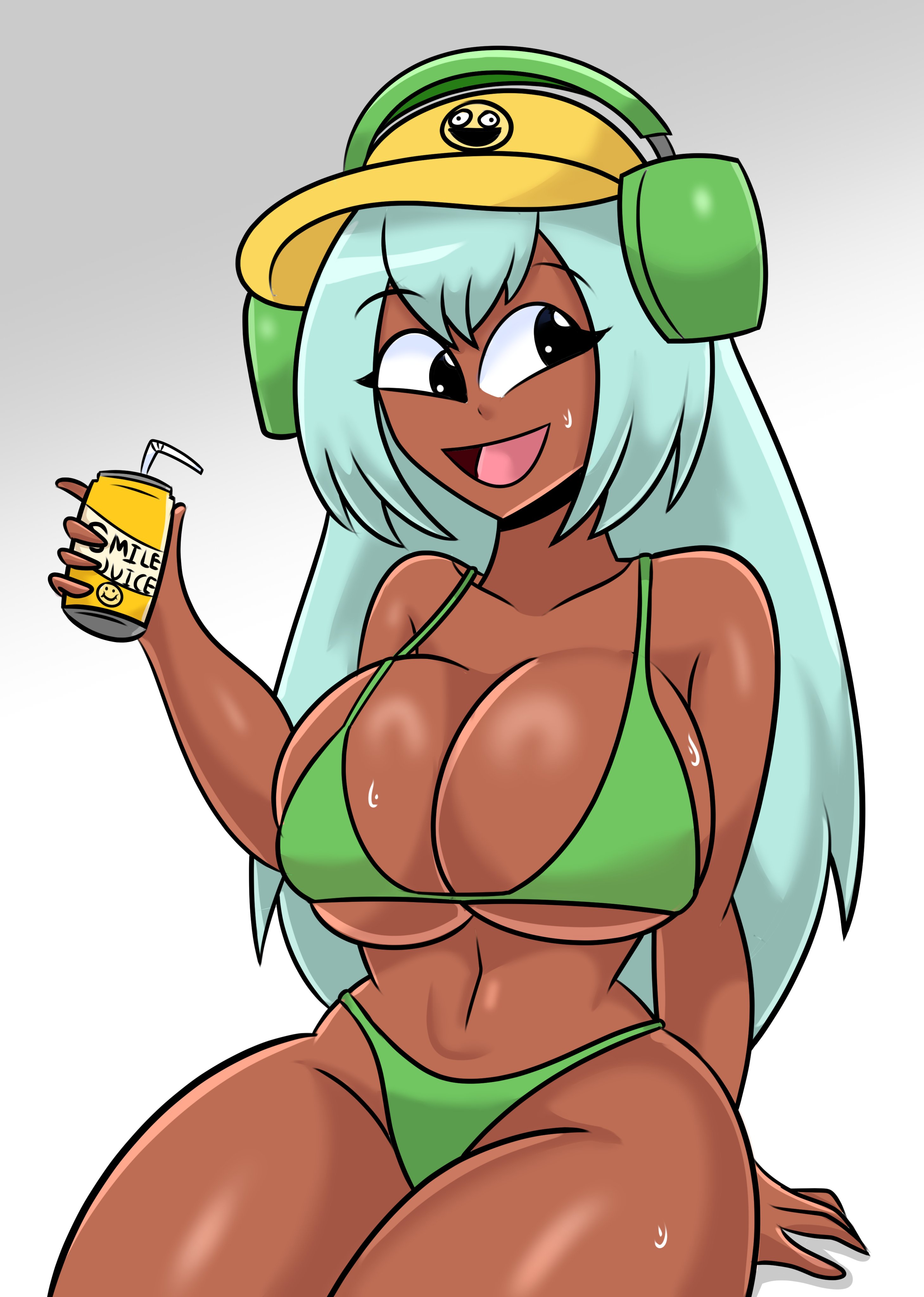 big breasts, big thighs, bikini, bikini bottom, bikini top, blue bikini, blue hair, breasts, brown body, bumzle, dark skin, dark-skinned female, dolly dimpley, drink, female, giant breasts, gigantic breasts, hat, headphones, huge breasts, huge thighs, large breasts, large thighs, looking at viewer, navel, sitting, smiling, smiling at viewer, smiling friends, soda, soda can, sweat, sweatdrop, sweating, sweaty, sweaty body, tagme, thighs