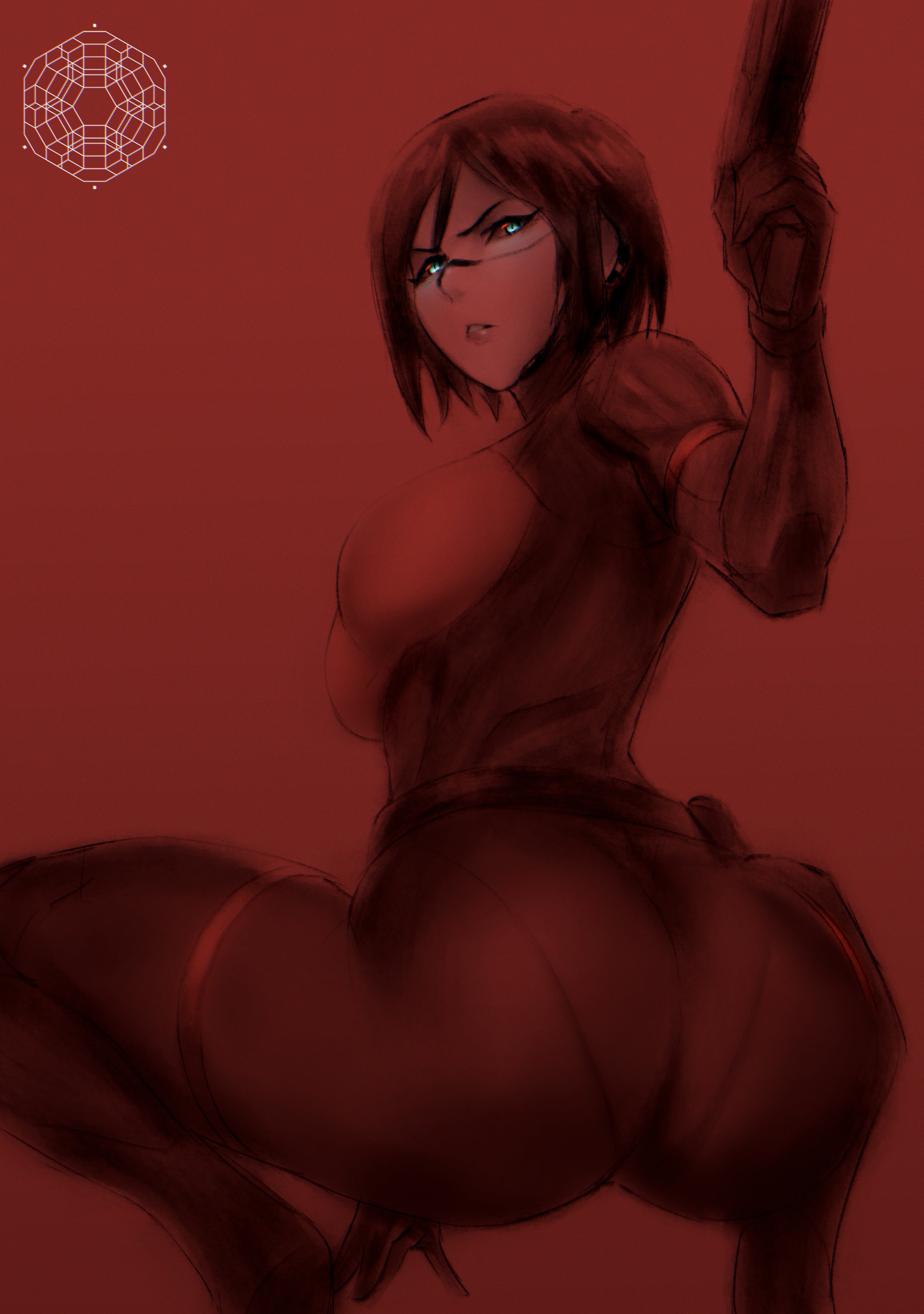 1girls, android, back view, belt, black hair, black suit, blue iris, elster (signalis), female, firearm, gun, handgun, holding gun, looking at viewer, meruzis, nonsexual, pale skin, panties visible through clothing, pistol, red background, red sclera, revolver, short hair, signalis, solo female, thick ass, weapon