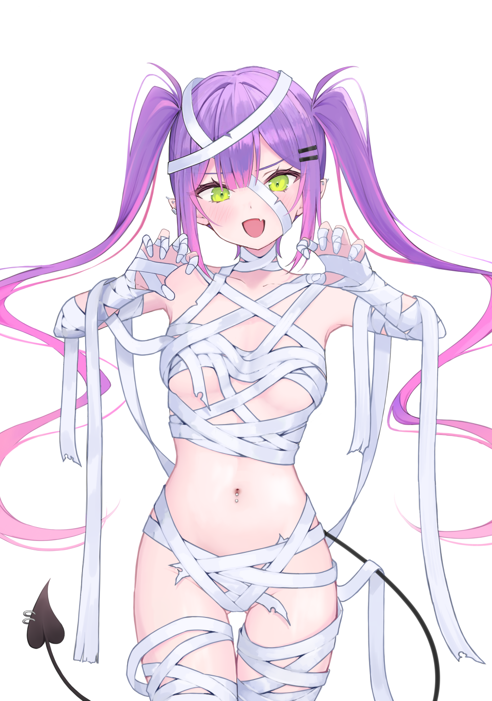 :d, 1girls, ass visible through thighs, bandaged arm, bandaged chest, bandaged head, bandaged leg, bandaged neck, bandaged torso, bandages, center-flap bangs, claw pose, colored inner hair, cowboy shot, demon girl, demon tail, double-parted bangs, earclip, emyu b, gradient hair, green eyes, hair ornament, hairclip, hololive, long hair, looking at viewer, multicolored hair, mummy costume, naked bandage, navel, navel piercing, oerba yun fang, open mouth, parallel hairclips, piercing, pink hair, pointy ears, purple hair, simple background, skin fang, smile, solo, spiked ear piercing, stomach, straight-on, tail, tail ornament, tail piercing, thigh gap, tokoyami towa, twintails, virtual youtuber, white background