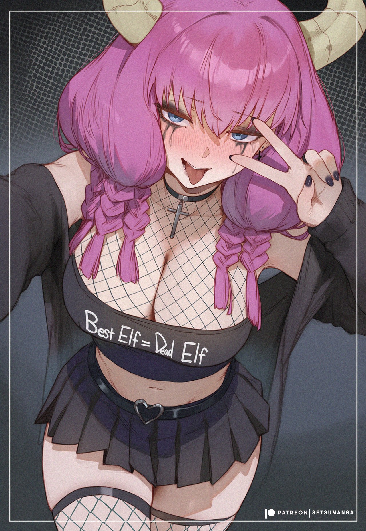 1girls, ai generated, aura (sousou no frieren), bangs, blue eyes, blush, breasts, chain-link fence, cleavage, eyebrows visible through hair, female, fishnet legwear, fishnets, goth, large breasts, long hair, looking at viewer, nail polish, navel, pink hair, setsuaiart, skirt, solo, sousou no frieren, thighhighs, tongue, tongue out, v