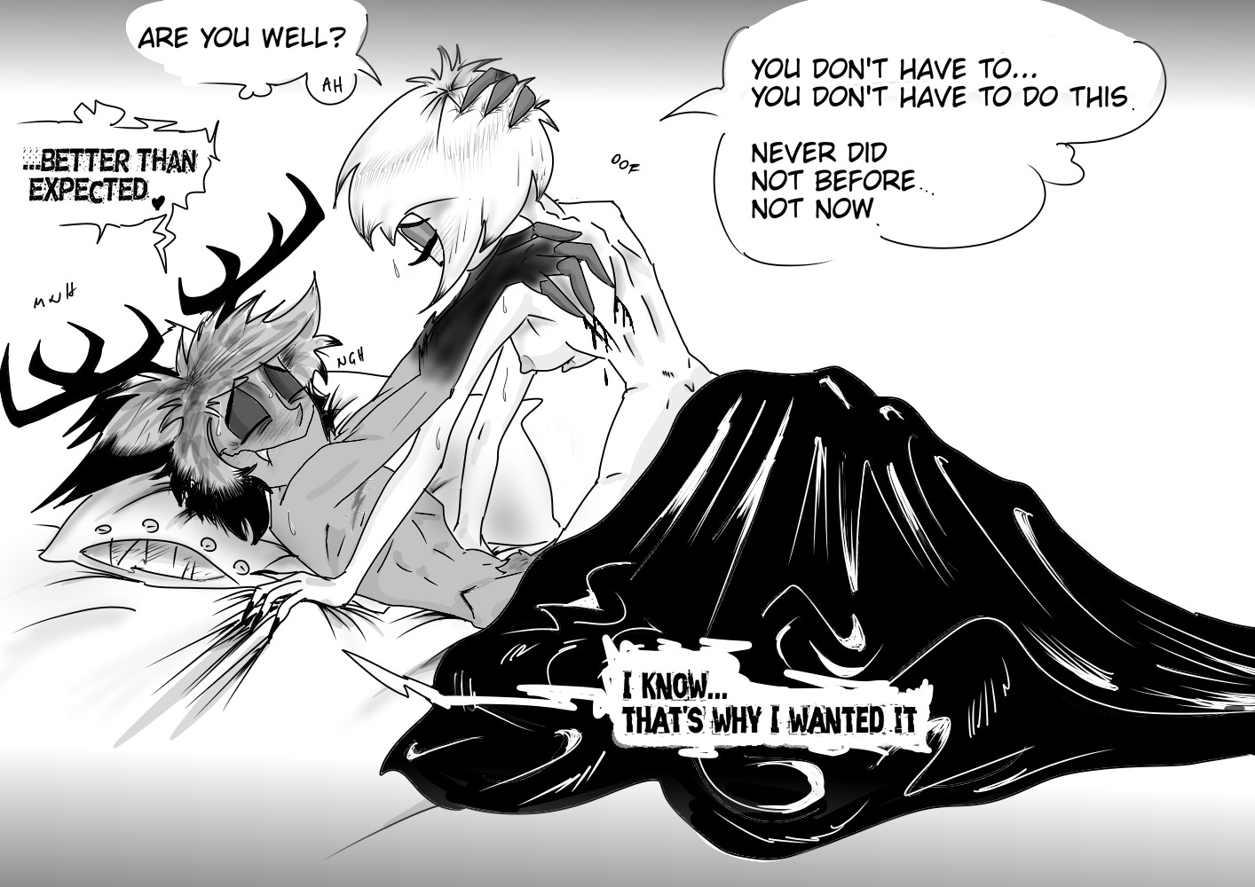 2demons, after sex, alastor (hazbin hotel), blood, blush, cowgirl position, demon, demon boy, demon girl, demons, detailed background, dialogue, female, gavranica, grey body, hazbin hotel, male, male/female, nipples, nude, pleasure face, pubes, red hair, rosie (hazbin hotel), scars, sex, smile, speech bubble, straight, white hair