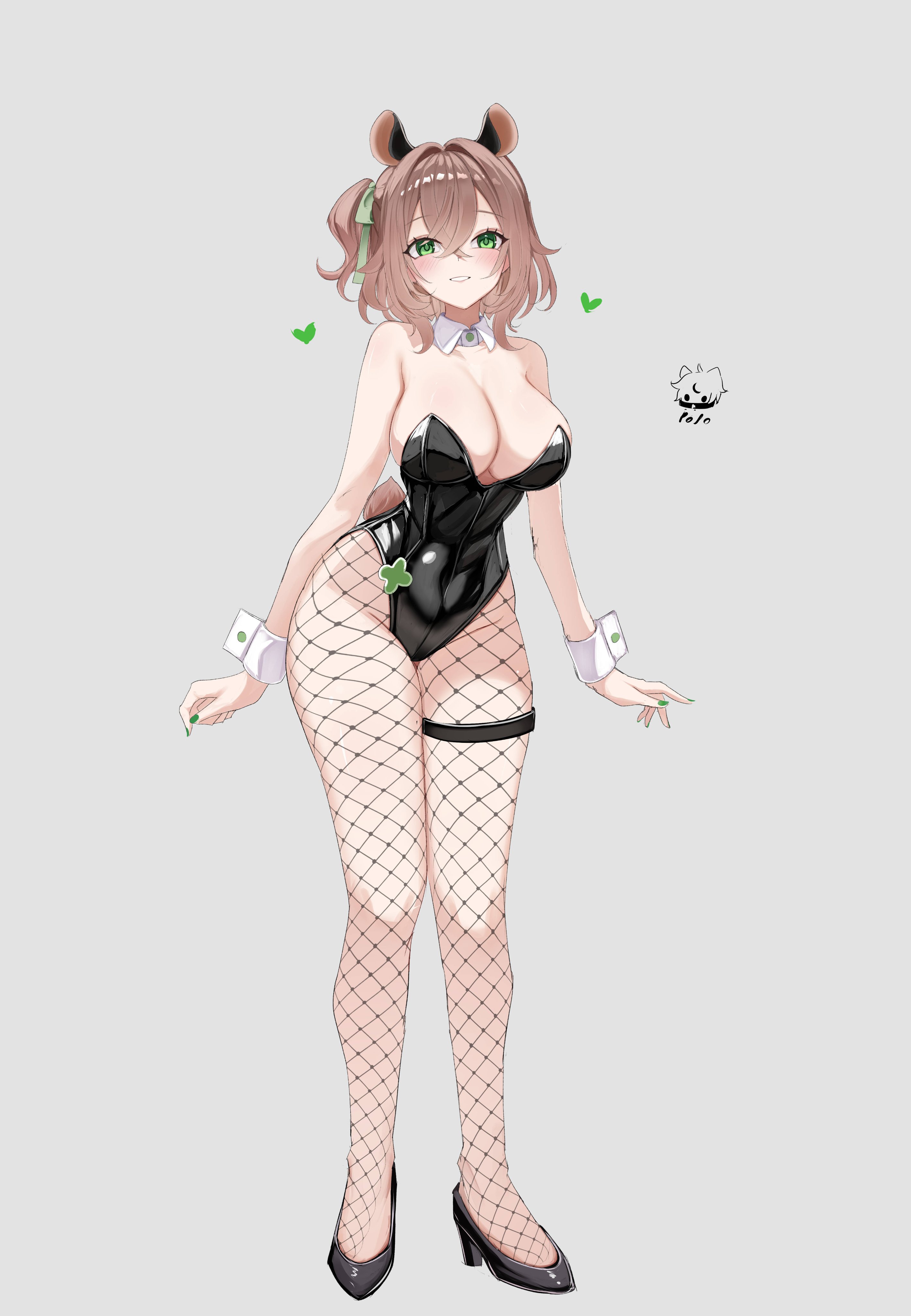 :d, absurdres, animal ears, big breasts, black shoes, breasts, brown hair, bunny girl, bunnysuit, cleavage, commentary, covered navel, crossed bangs, detached collar, double-parted bangs, english commentary, female, fishnet legwear, fishnets, full body, green eyes, green leotard, grey background, grin, hair between eyes, hair ribbon, high heels, highleg, highleg leotard, highres, hips, indie virtual youtuber, large breasts, leotard, looking at viewer, nimi nightmare, one side up, playboy bunny, psypolo, ribbon, shoes, short hair, simple background, smile, solo, strapless, strapless leotard, tail, tapir ears, tapir girl, thick thighs, thighs, tits, virtual youtuber, white wrist cuffs, wide hips, wrist cuffs