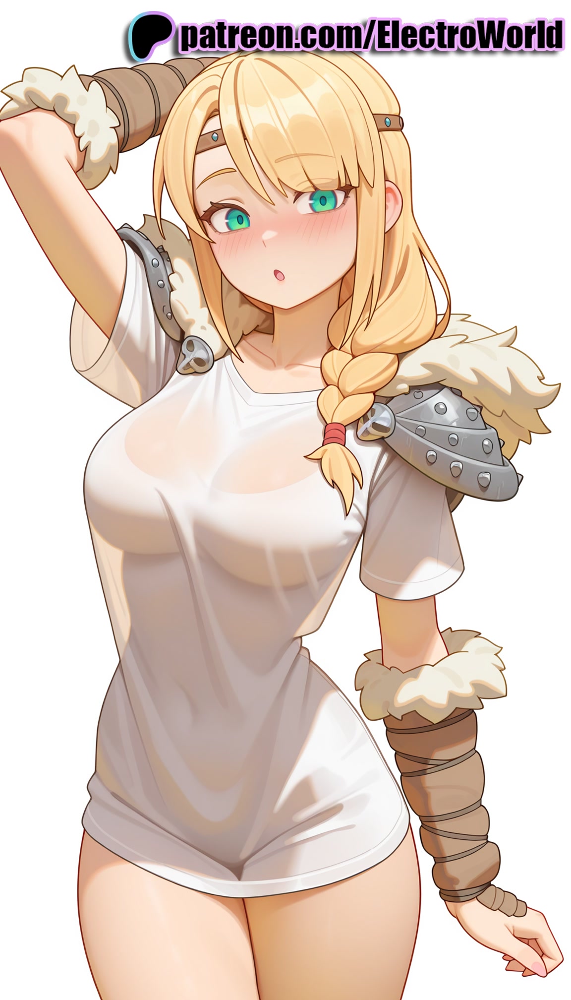 1girls, 2025, ai generated, armor, artist name, astrid hofferson, blonde, blonde female, blonde hair, blonde hair female, blue eyes, blush, braid, breasts, bust, chest, curvaceous, curvaceous body, curves, curvy, curvy body, curvy female, curvy figure, dreamworks, electroworld, female, female only, fur, fur collar, fur trim, fur-trimmed gloves, green eyes, heroine, hi res, high quality, high resolution, highres, hourglass figure, how to train your dragon, how to train your dragon 2, light skin, light-skinned female, long hair, patreon, patreon username, see-through, shoulder armor, solo, solo female, stable diffusion, thighs, viking, viking female, voluptuous, voluptuous female, watermark, wet, wet clothes, wet shirt, white shirt, woman