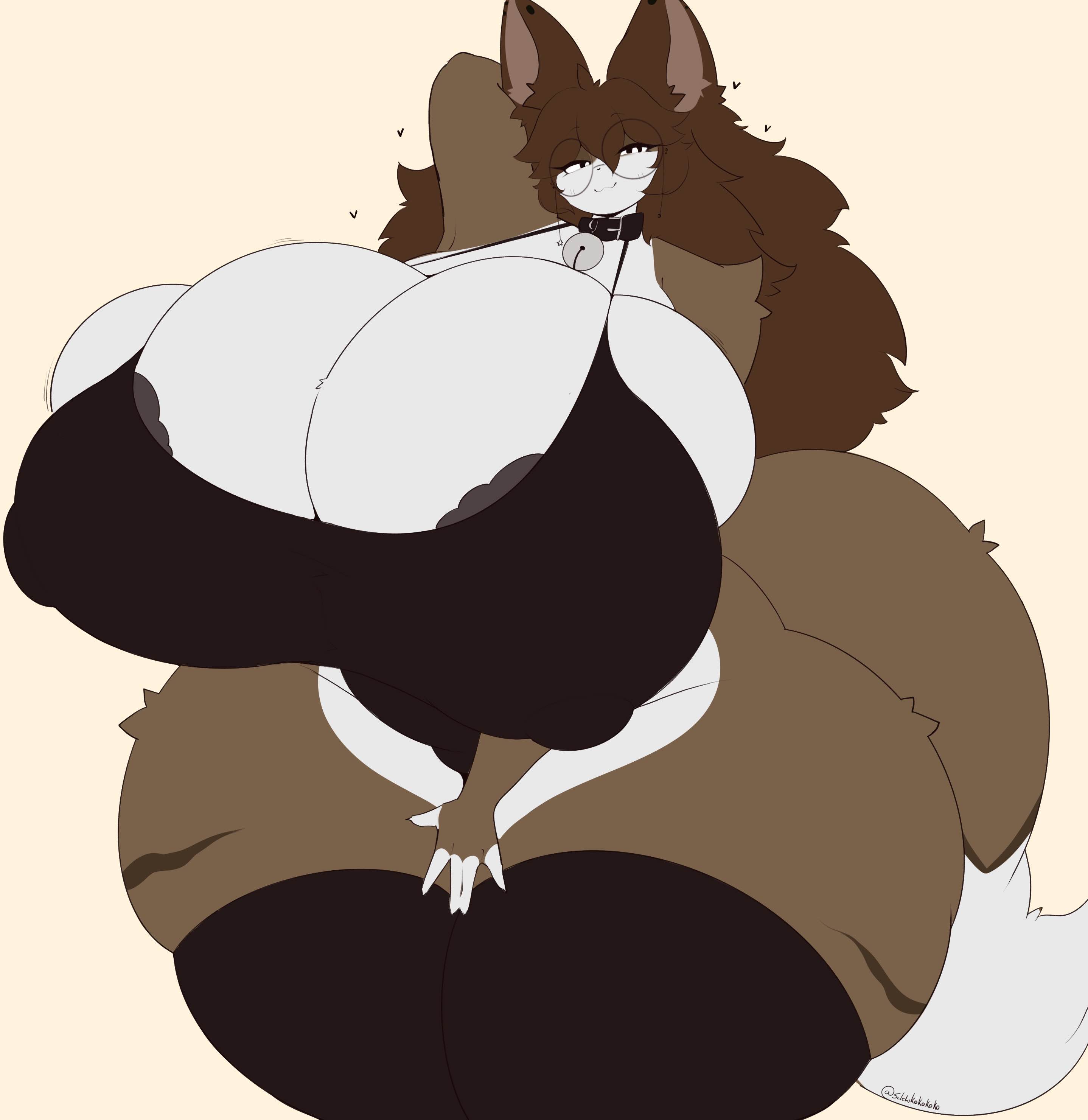 bell collar, bra, brown fur, brown hair, cleavage, cleavage overflow, feline, female, furry, furry female, huge ass, huge breasts, huge tail, hybrid, hyper, massive ass, massive breasts, massive thighs, mauki, mommy, oc, original character, pawfinz(oc), salchikokokoko, smelly, smelly ass, stinky, tail, thick, thick thighs, thighhighs, wide hips, wolf