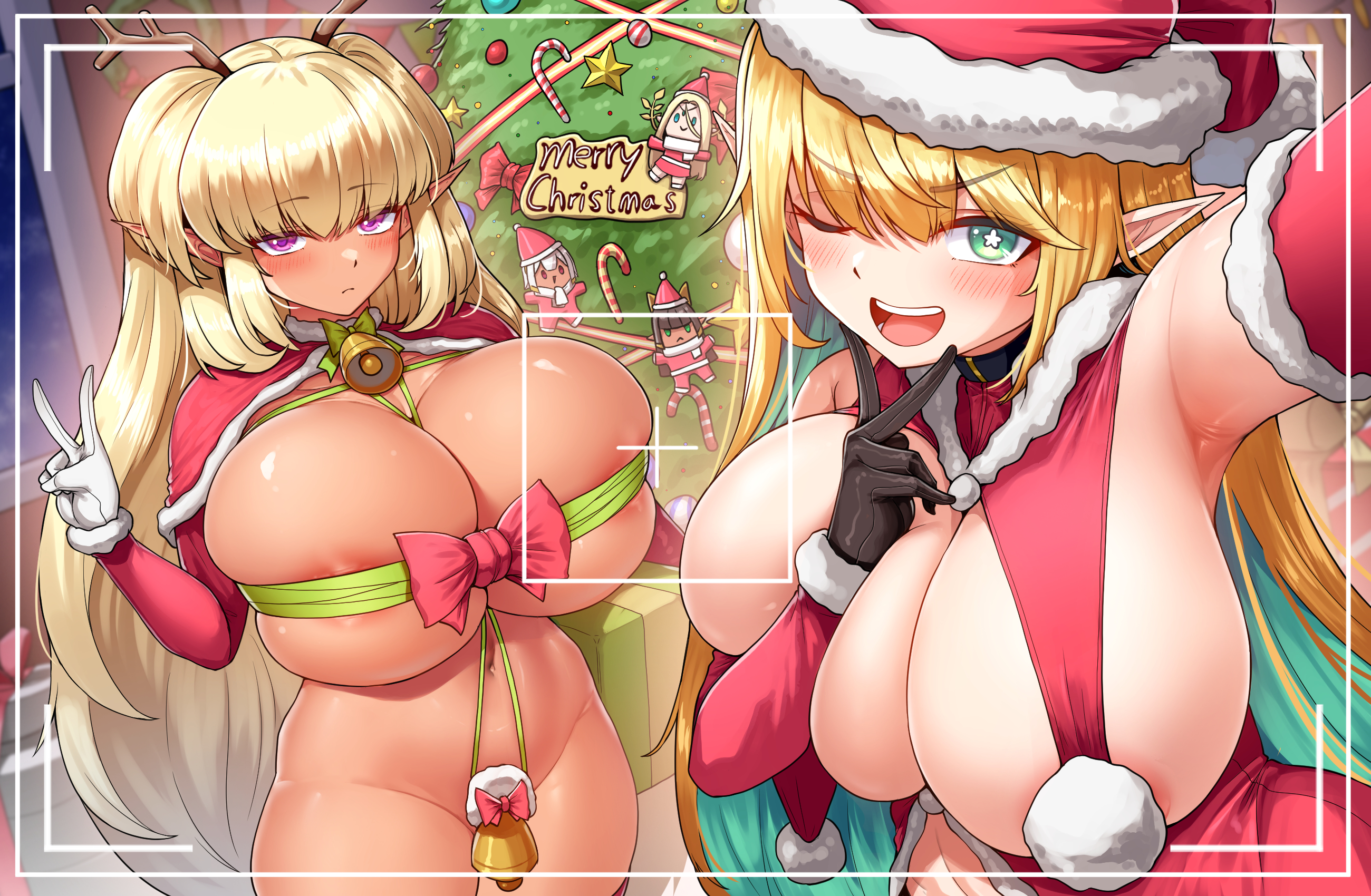 2girls, animal ears, antlers, armpits, bell, black hair, blonde hair, blush, breasts, budget sarashi, candy, candy cane, capelet, cerestia of life, cho!cho!, christmas, christmas ornaments, christmas tree, commentary, dark elf, dark elven forest ranger, dark skin, dark-skinned female, elf, elven forest maker, english commentary, fake animal ears, food, frown, gingerbread man, gloves, green eyes, hat, hathor (last origin), highres, horns, huge breasts, last origin, long hair, long sleeves, looking at viewer, merry christmas, multiple girls, neck bell, one eye closed, pointy ears, purple eyes, red eyes, reindeer antlers, revealing clothes, ribbon, santa costume, santa hat, sarashi, sekhmet of death, shrug (clothing), smile, star (symbol), star-shaped pupils, symbol-shaped pupils, two side up, very long hair, viewfinder, white gloves, white hair