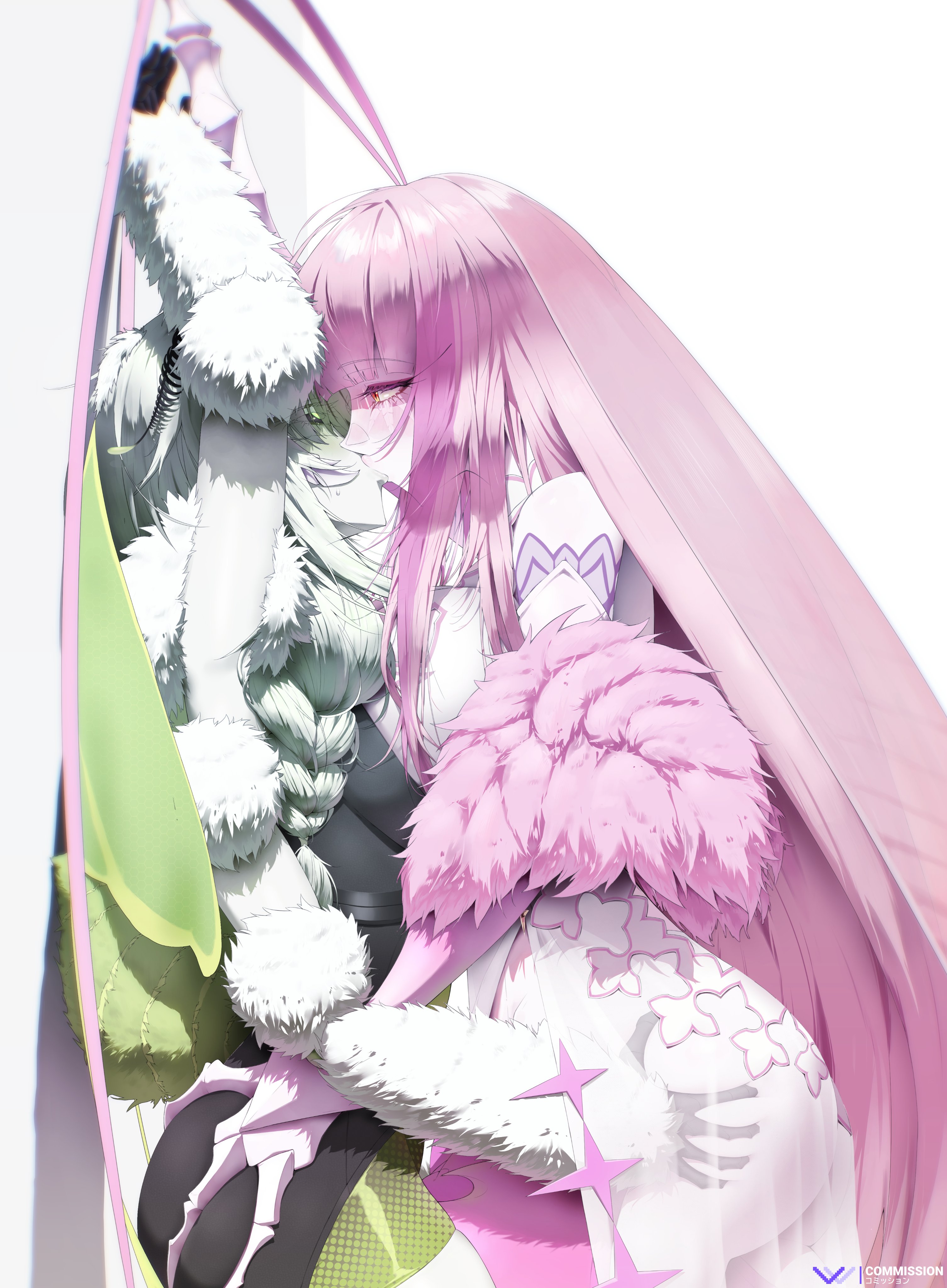 2girls, absurdres, antenna hair, arthropod girl, ass, ass grab, breasts, claws, cockroach girl, dress, femdom, fur trim, fur-trimmed dress, grey hair, highres, indie virtual youtuber, insect girl, insect wings, juniper (egocider), juniper actias, kabedon, kissing, large breasts, lesbian, lesbian kiss, looking at another, matara kan, mature female, milf, monster girl, moth girl, moth wings, multicolored hair, multiple girls, pink hair, pink streaks, sideboob, streaked hair, tits, virtual youtuber, vivi co, vtuber, white background, white dress, wings, yuri