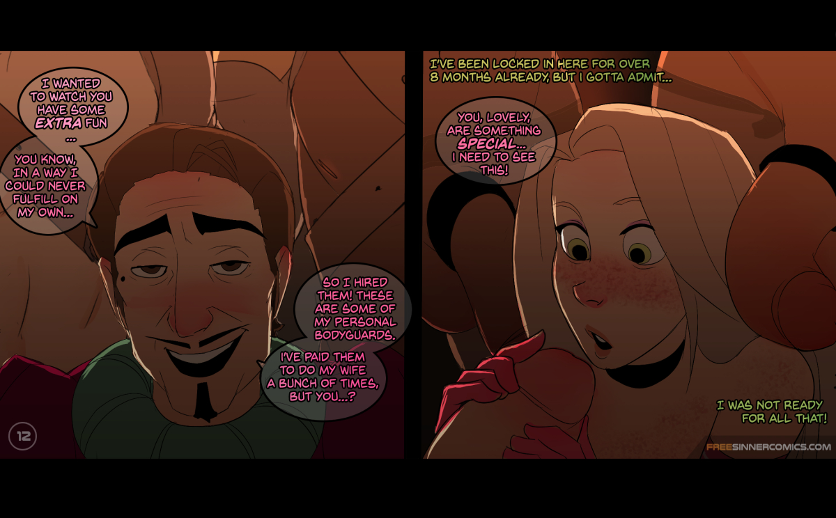 1girls, 4boys, balls, bare shoulders, blonde, blonde hair, blush, bodyguard, breasts, brown eyes, brown hair, choker, clothed male nude female, clothing, comic, disney, elbow gloves, english, english text, eyeshadow, faceless, faceless male, facial hair, female, freckles, gloves, green eyes, guard, human, large penis, larger male, long hair, looking at another, looking at penis, makeup, male, mole, mole under eye, moustache, multiple boys, multiple males, multiple penises, nipples, nude, penis, penis grab, penis ribbon, pink gloves, princess, rapunzel, ribbon, short hair, sillygirl, sinner! (sillygirl), size difference, speech bubble, standing, surprised, tangled, testicles, text, topless, uncensored, very long hair