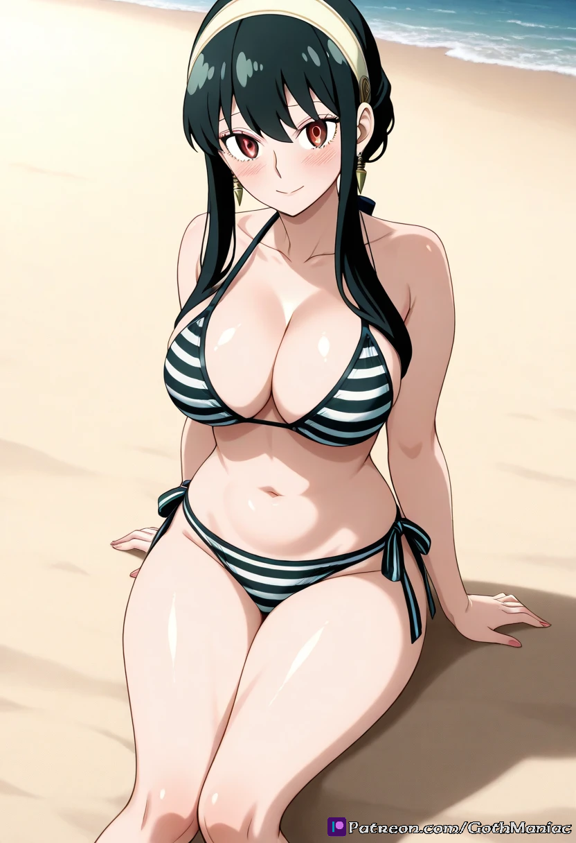 1girl ai_art ai_generated beach bikini black_hair breasts female female_only girl gothmaniac red_eyes spy_x_family summer woman yor_briar