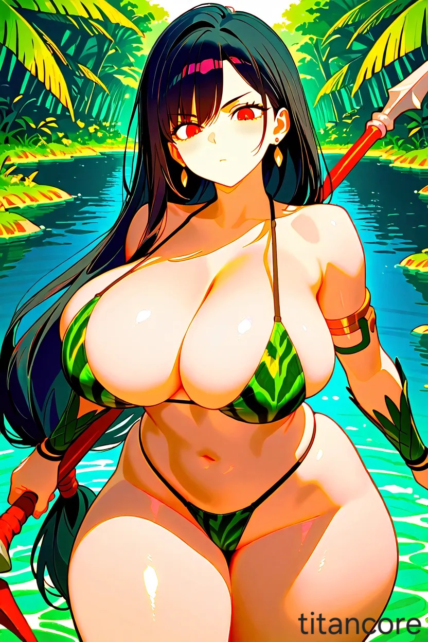 (titancore), 1girls, ai generated, amazon girl, arm bracelets, bikini bottom, bikini top, black hair, breasts, female, final fantasy vii, huge breasts, jungle, lake, long hair, red eyes, spear, swimsuit, thick thighs, tifa lockhart, video game character
