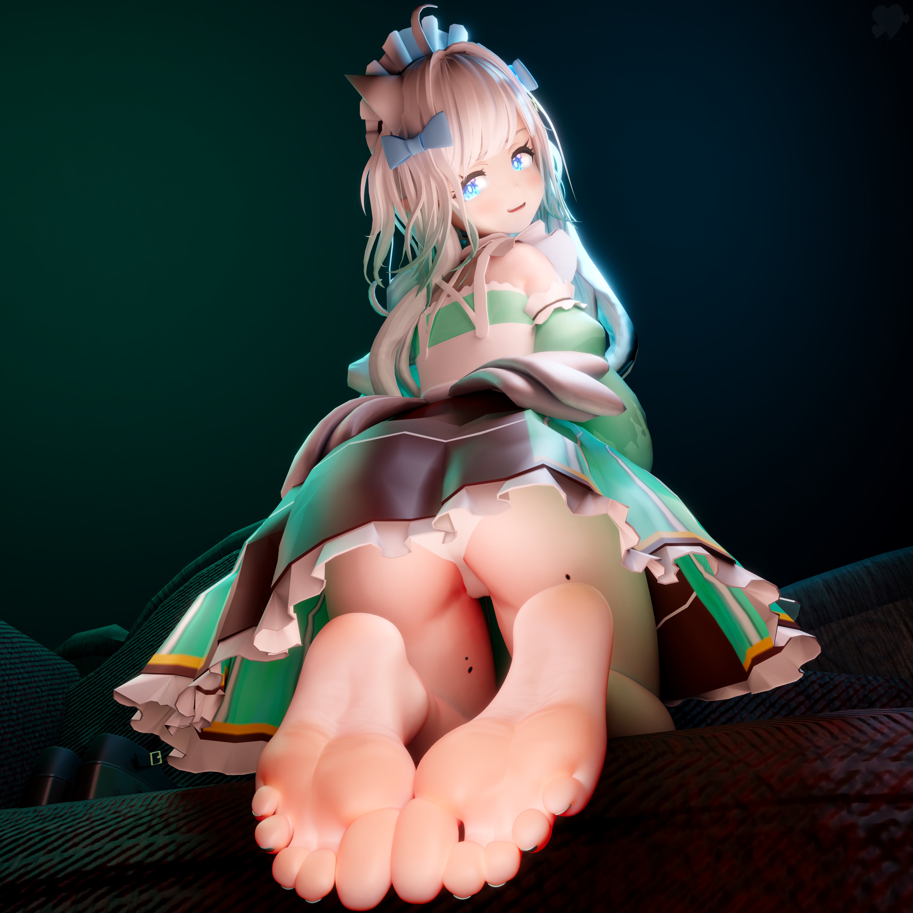 1girls, 3d, ass, barefoot, blue eyes, blush, close up, close up feet, close up view, close-up, close-up feet, closeup, closeup feet, closeup view, densetsu.exe, female, foot fetish, foot focus, green dress, green hair, indie virtual youtuber, maid mint, mint fantome, panties, pippersad, smile, soles, thighs, toes, upskirt, virtual youtuber, white hair, white panties