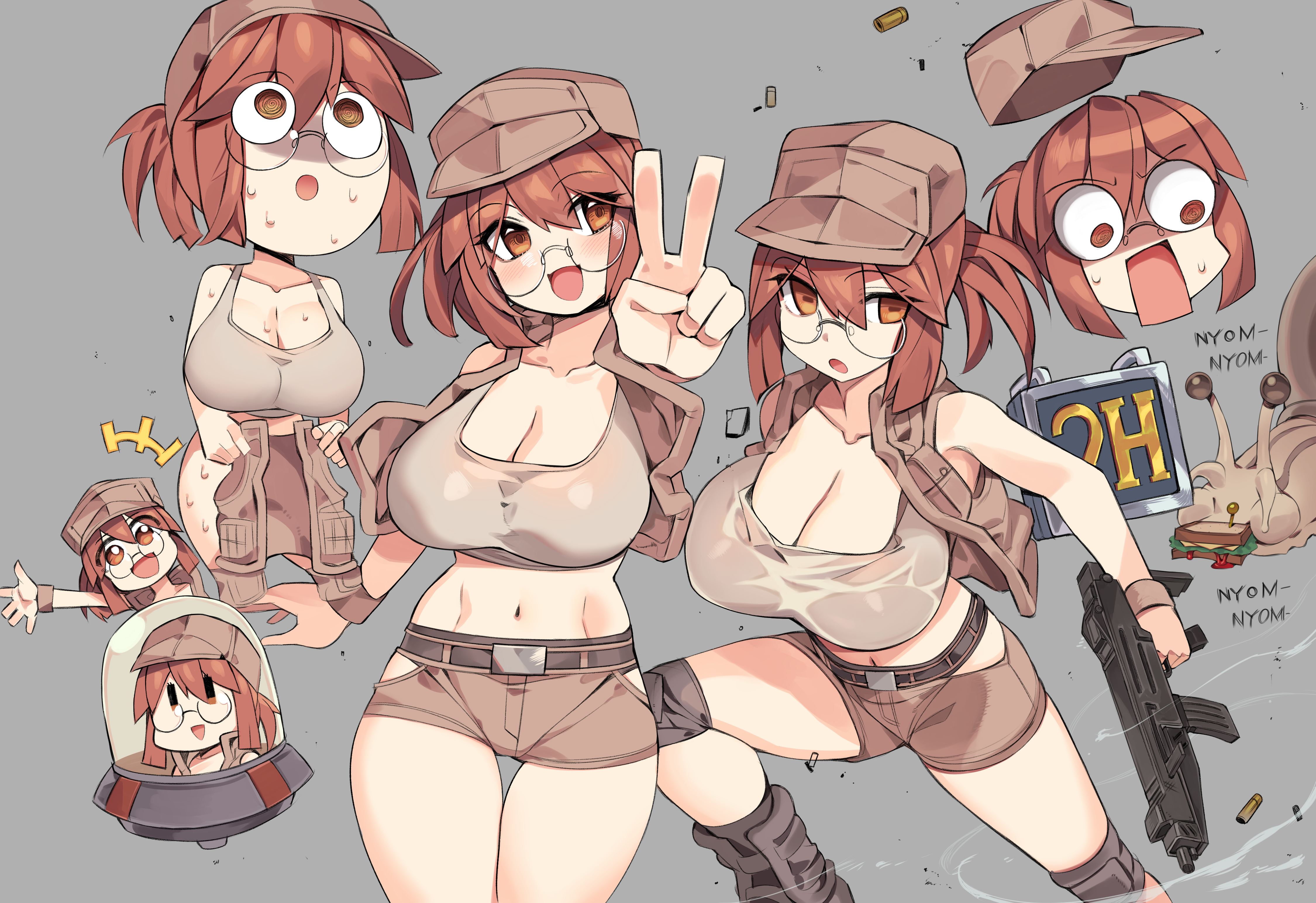 absurdres, bare shoulders, baseball cap, belt, boots, breasts, brown belt, brown eyes, brown footwear, brown hair, brown hat, brown shorts, brown tank top, brown vest, character name, cleavage, collarbone, commentary, crop top, ddg160, eating, female, fio germi, food, glasses, grey background, gun, hat, highres, hip vent, holding, holding gun, holding unworn clothes, holding weapon, knee pads, large breasts, looking at viewer, medium hair, metal slug, midriff, multiple views, navel, no vest, open clothes, open mouth, open vest, outstretched arm, ponytail, sandwich, shell casing, shirt, short shorts, shorts, simple background, smile, snail, submachine gun, surprised, sweat, tank top, ufo, vest, waving, weapon, wet, wet clothes, wet shirt, wristband
