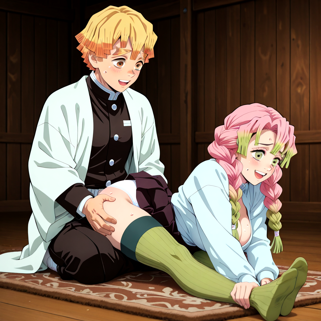 1boy 1girls breasts breasts_focus breasts_out breasts_squeezed_together grabbing kanroji_mitsuri zenitsu_agatsuma
