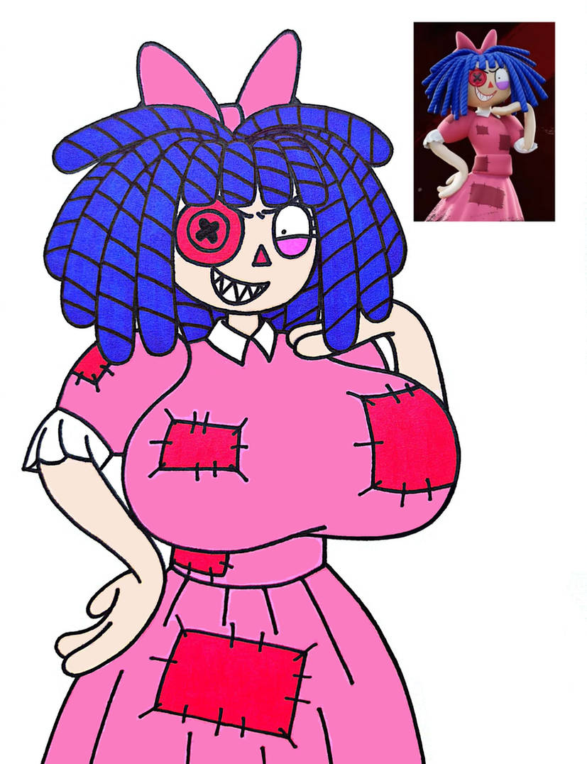 1girls blue_hair bow doll evil_ragatha eyeshadow fangs haggardnanachi huge_breasts pink_clothing reference_image simple_background staring_at_viewer the_amazing_digital_circus vintage_clothing wide_grin