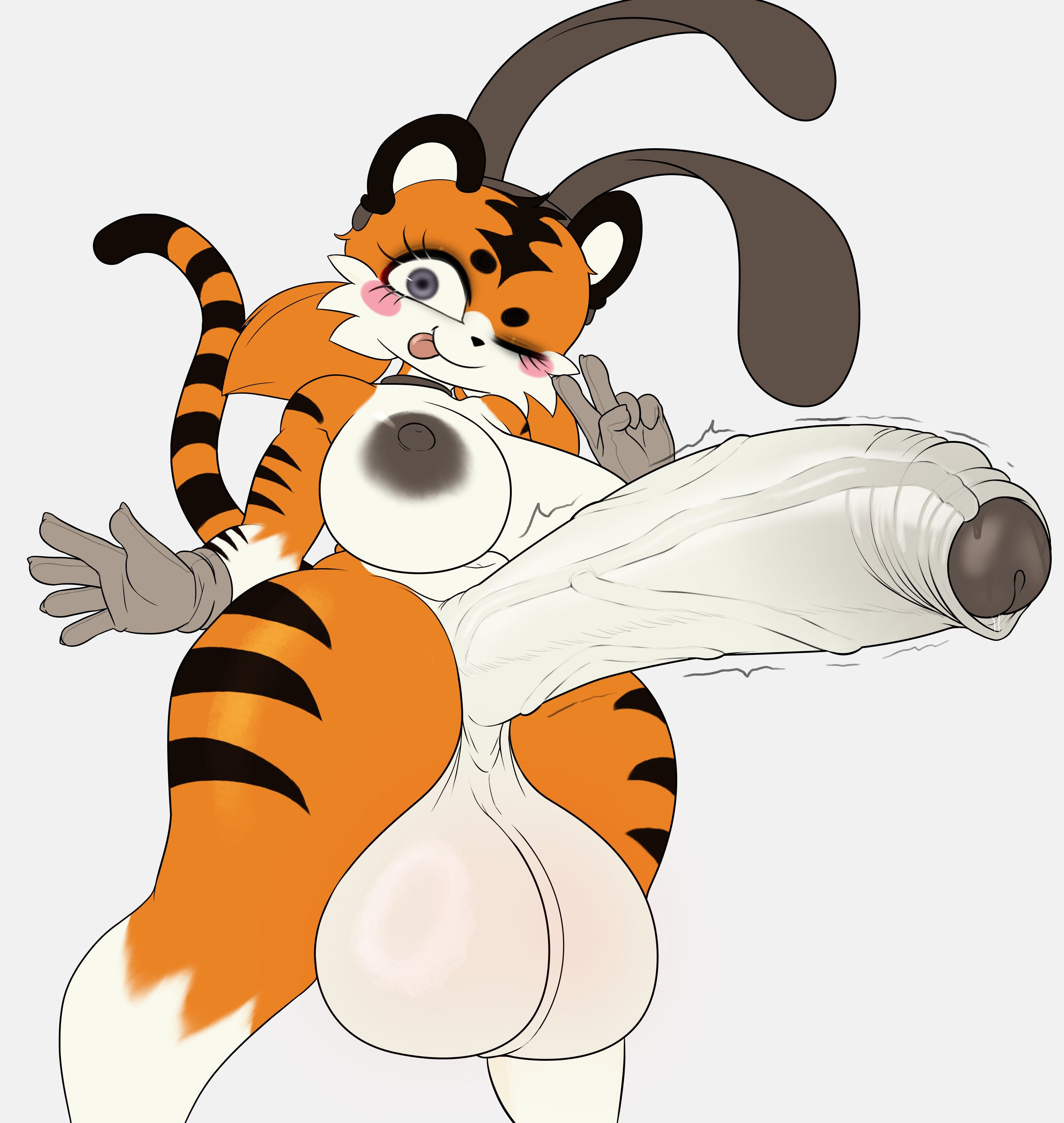 ;p, 1futa, 2-ban (artist), 2d, anthro, ass, balls, big ass, big balls, big breasts, big penis, blush, breasts, female, foreskin, furry, futanari, headband, huge balls, huge cock, intersex, low-angle view, naked, naked futa, orange fur, partially retracted foreskin, peace sign, penis, plundered, retracted foreskin, striped body, striped fur, tagme, taiga stripes (2-ban), tiger, tiger ears, tiger girl, tiger print, tiger stripes, tiger tail, uncircumcised, uncut, wink