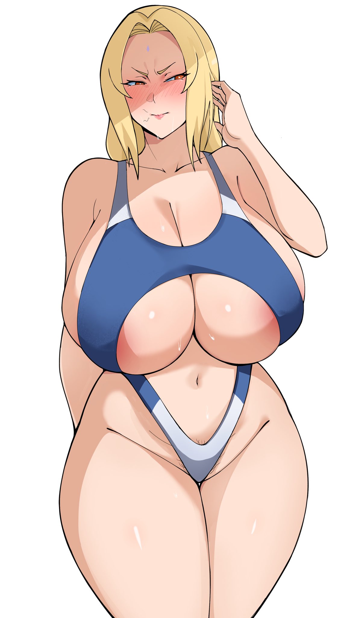 1girls, after fellatio, after oral, airi akura, areola peek, areola slip, areolae peeking, areolae slip, bathing suit, big breasts, blonde female, blonde hair, blonde-haired female, blush, blush lines, blushing, breasts, breasts bigger than head, cleavage, cleavage cutout, female, female focus, female only, huge breasts, large breasts, light skin, light-skinned female, looking at viewer, mature female, naruto (series), pubic hair, pubic hair peek, sideboob, solo, spit, spit on face, stray pubic hair, thick thighs, thighs, tsunade, underboob, wide hips